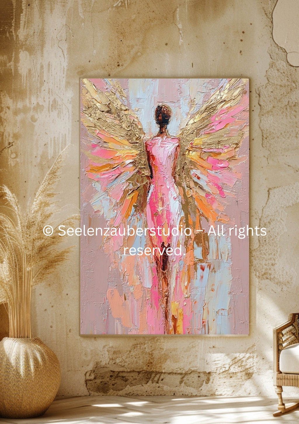 Poster Angel Wall Art Boho Gold – Premium Poster Modern Wall Art with Flowers and Angel Wings for Living Room Decor