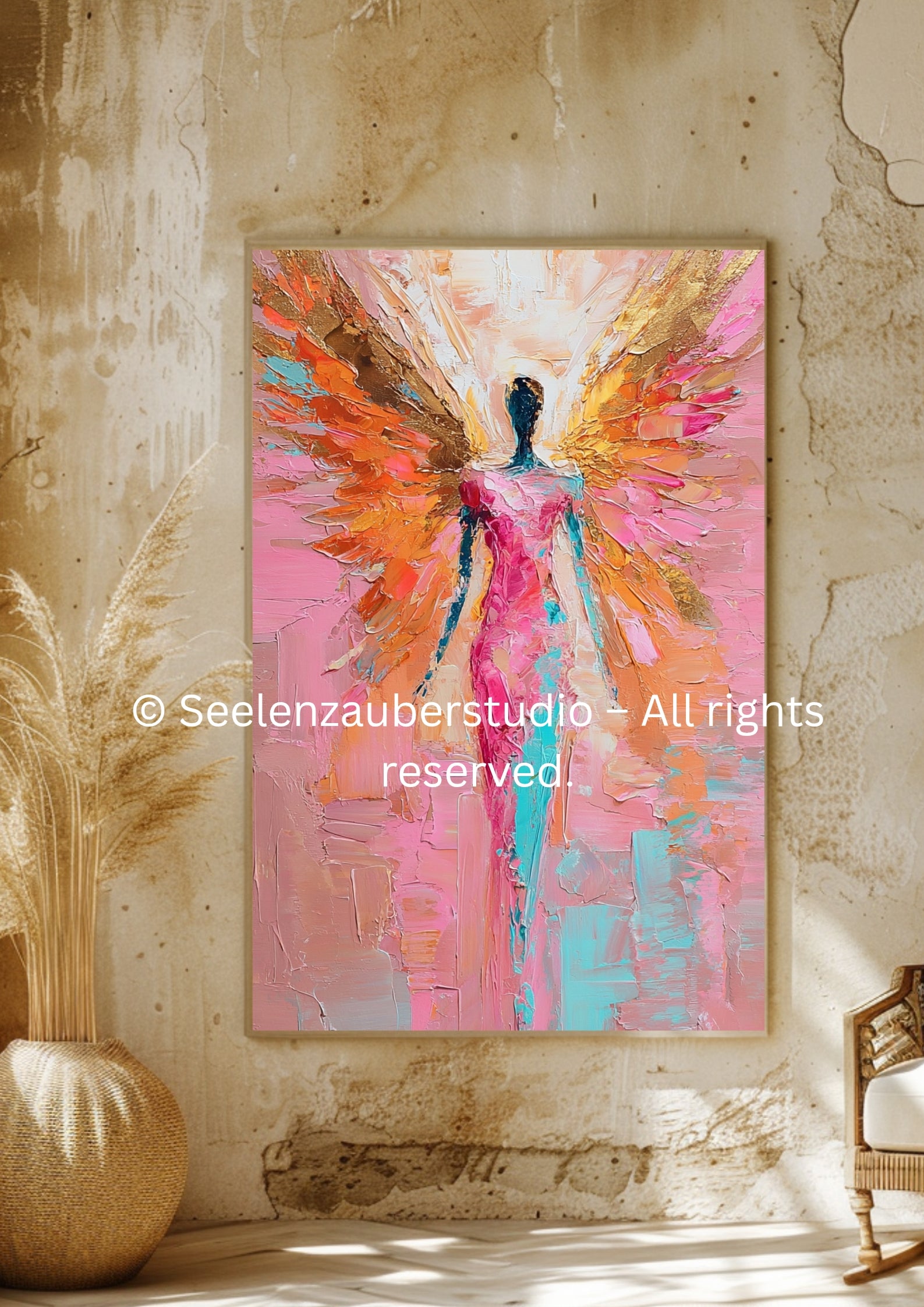 Abstraktes Engel Leinwandbild mit Rahmen – Spirituelle Wandkunst in Gold, Rosa & Ponk – Modernes Kunstwerk für Wohnzimmer