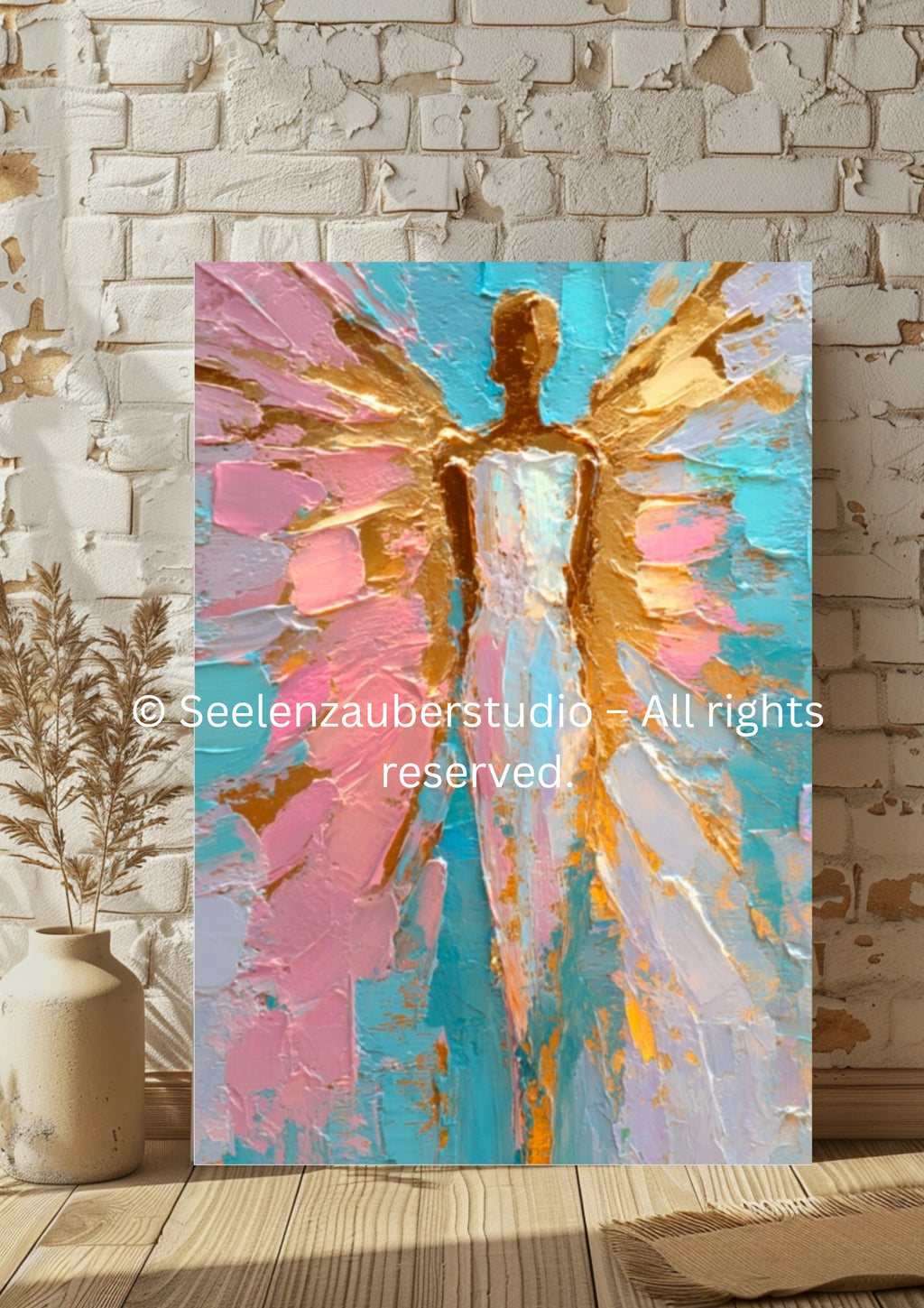 Abstraktes Engel Leinwandbild mit Rahmen – Spirituelle Wandkunst in Gold, Rosa & Türkis – Modernes Kunstwerk für Wohnzimmer