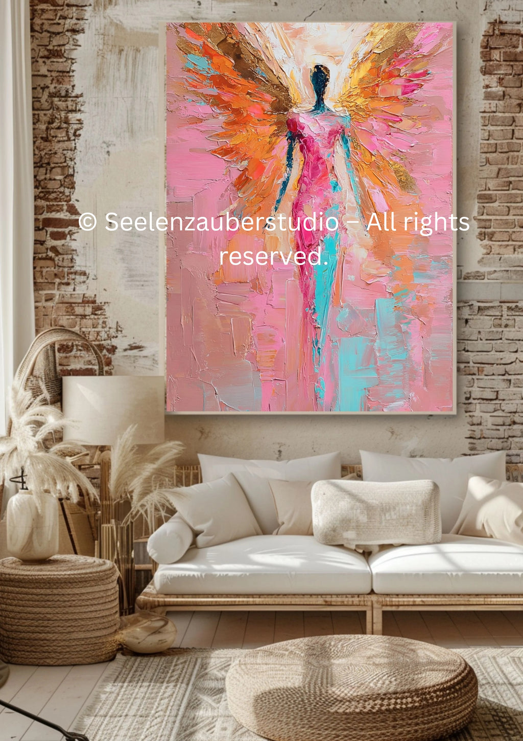 Abstraktes Engel Leinwandbild mit Rahmen – Spirituelle Wandkunst in Gold, Rosa & Ponk – Modernes Kunstwerk für Wohnzimmer