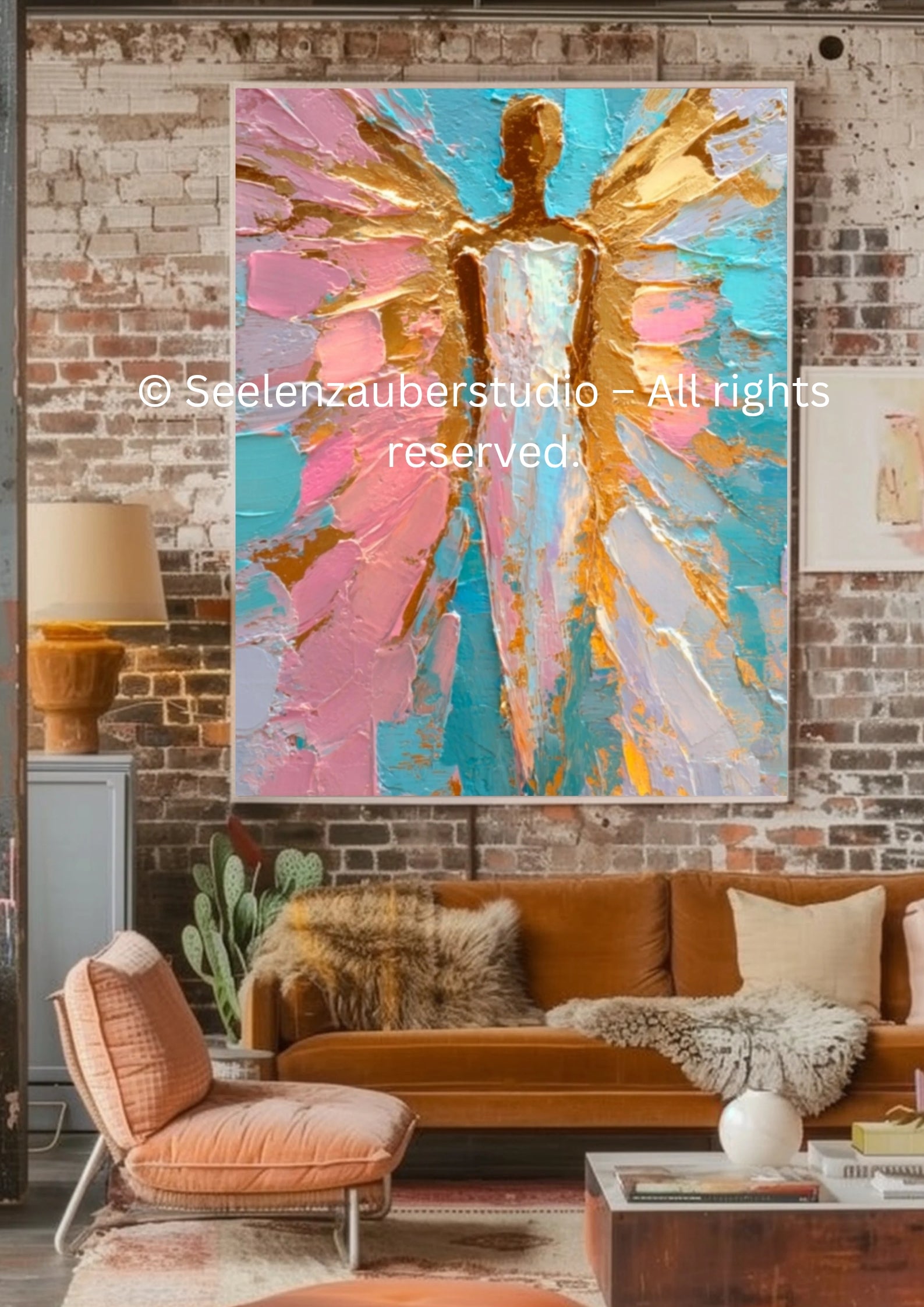 Abstraktes Engel Leinwandbild mit Rahmen – Spirituelle Wandkunst in Gold, Rosa & Türkis – Modernes Kunstwerk für Wohnzimmer