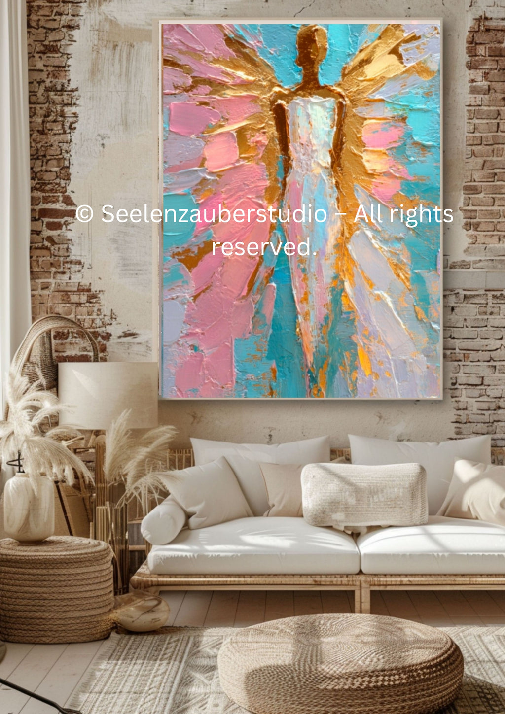 Abstraktes Engel Leinwandbild mit Rahmen – Spirituelle Wandkunst in Gold, Rosa & Türkis – Modernes Kunstwerk für Wohnzimmer