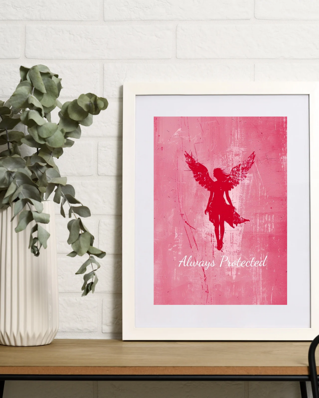 Engel Poster Rosa - Schutzengel Wandbild für Schlafzimmer - Spirituelles Poster Always Protected - Meditation Wanddeko - Physisches Poster