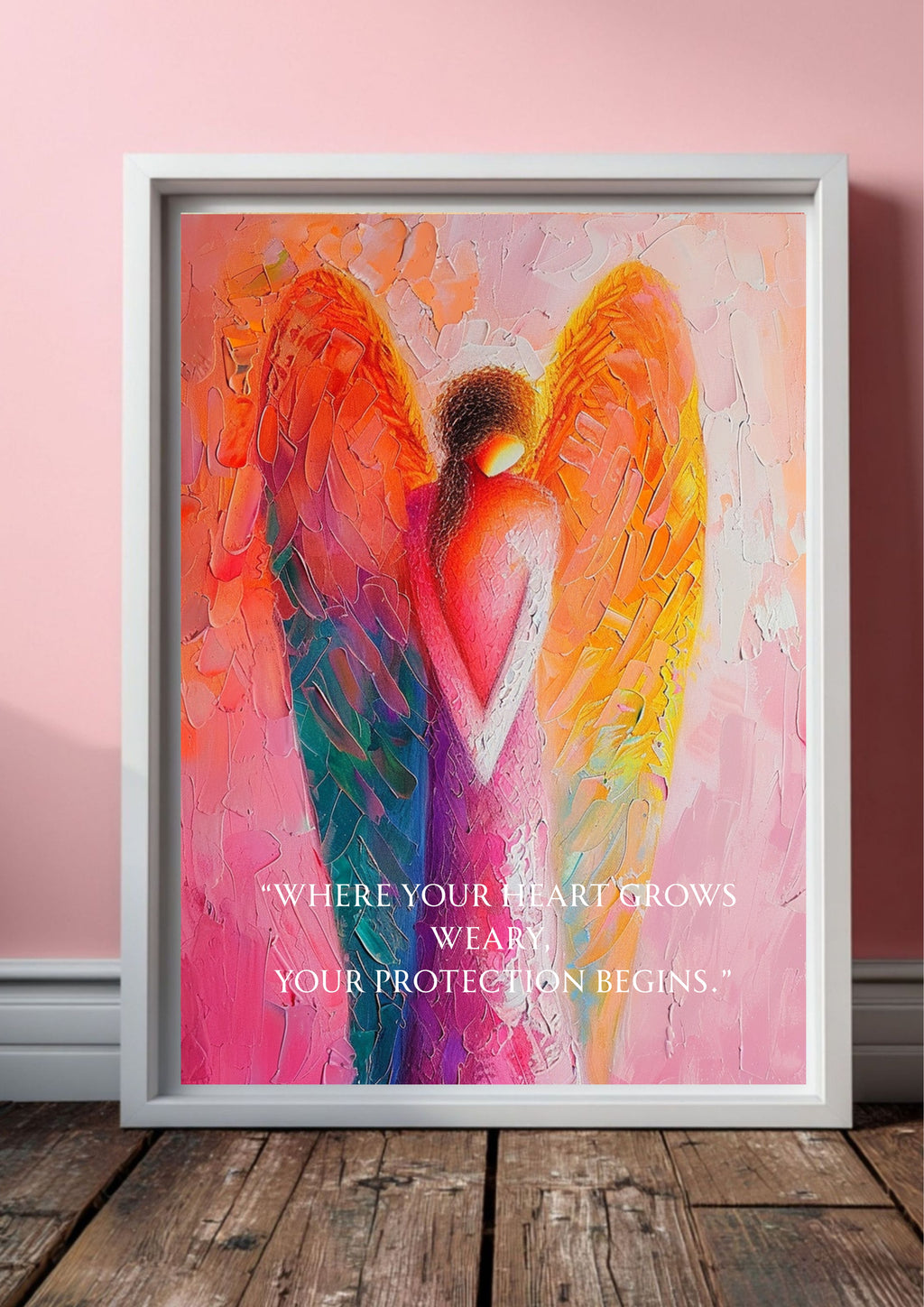 Engel Poster Abstrakt, Schutzengel Wandbild Modern, Spirituelle Engel Kunst, „Where Your Heart Grows Weary“ Zitat, Kraft & Schutz Wanddeko
