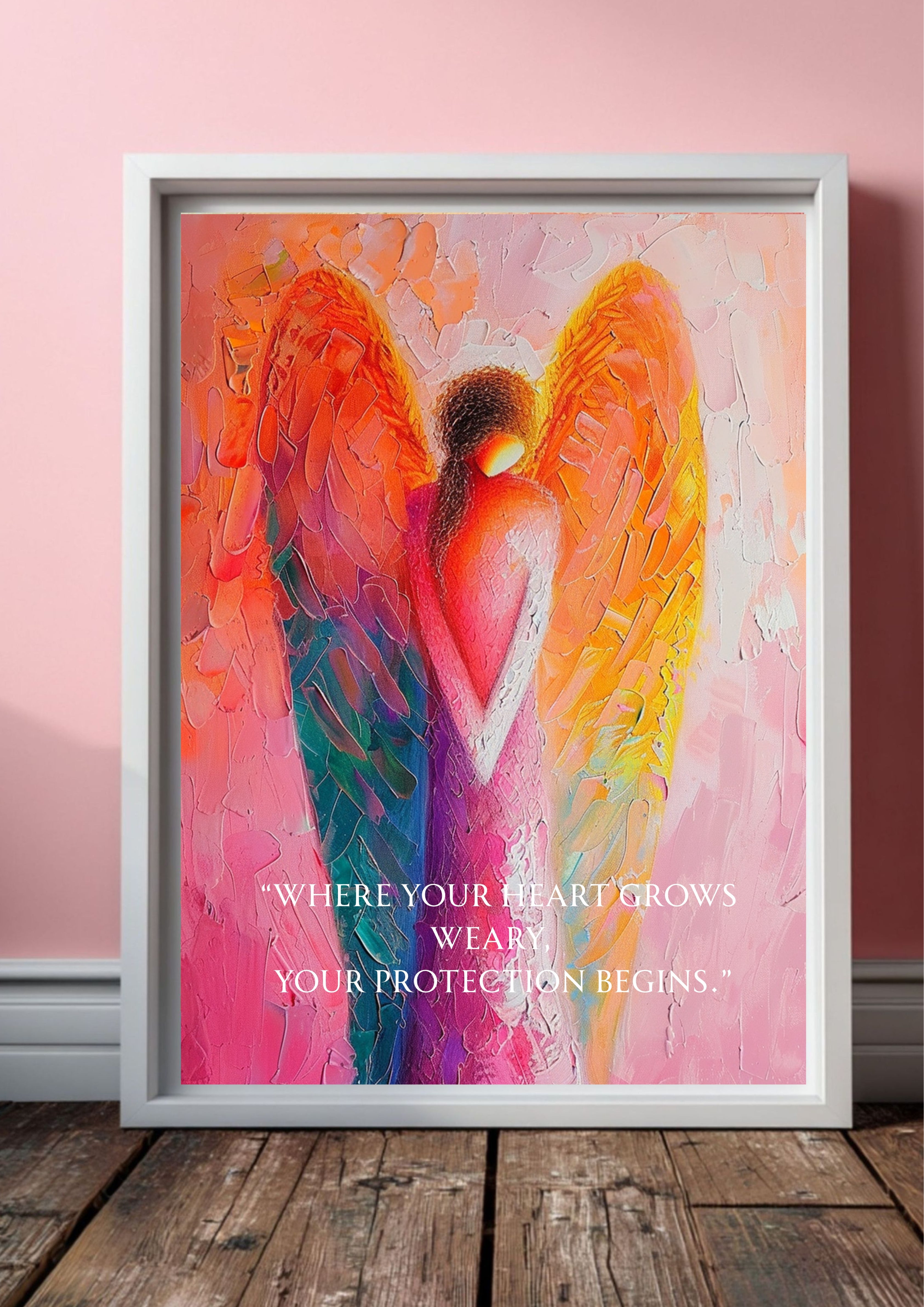 Engel Poster Abstrakt, Schutzengel Wandbild Modern, Spirituelle Engel Kunst, „Where Your Heart Grows Weary“ Zitat, Kraft & Schutz Wanddeko
