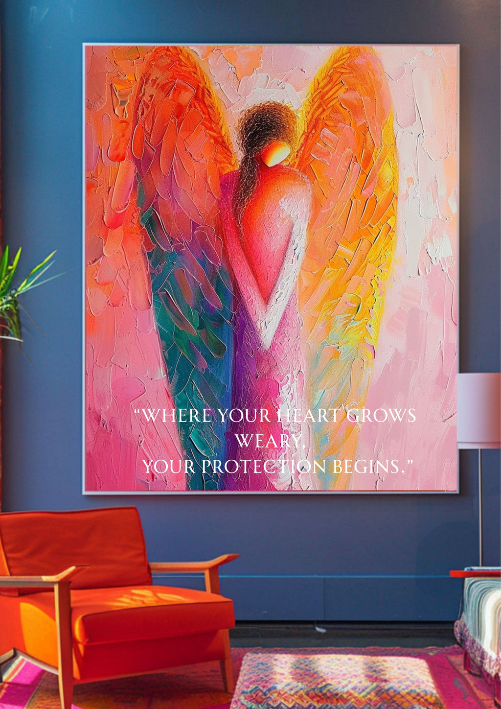 Engel Poster Abstrakt, Schutzengel Wandbild Modern, Spirituelle Engel Kunst, „Where Your Heart Grows Weary“ Zitat, Kraft & Schutz Wanddeko