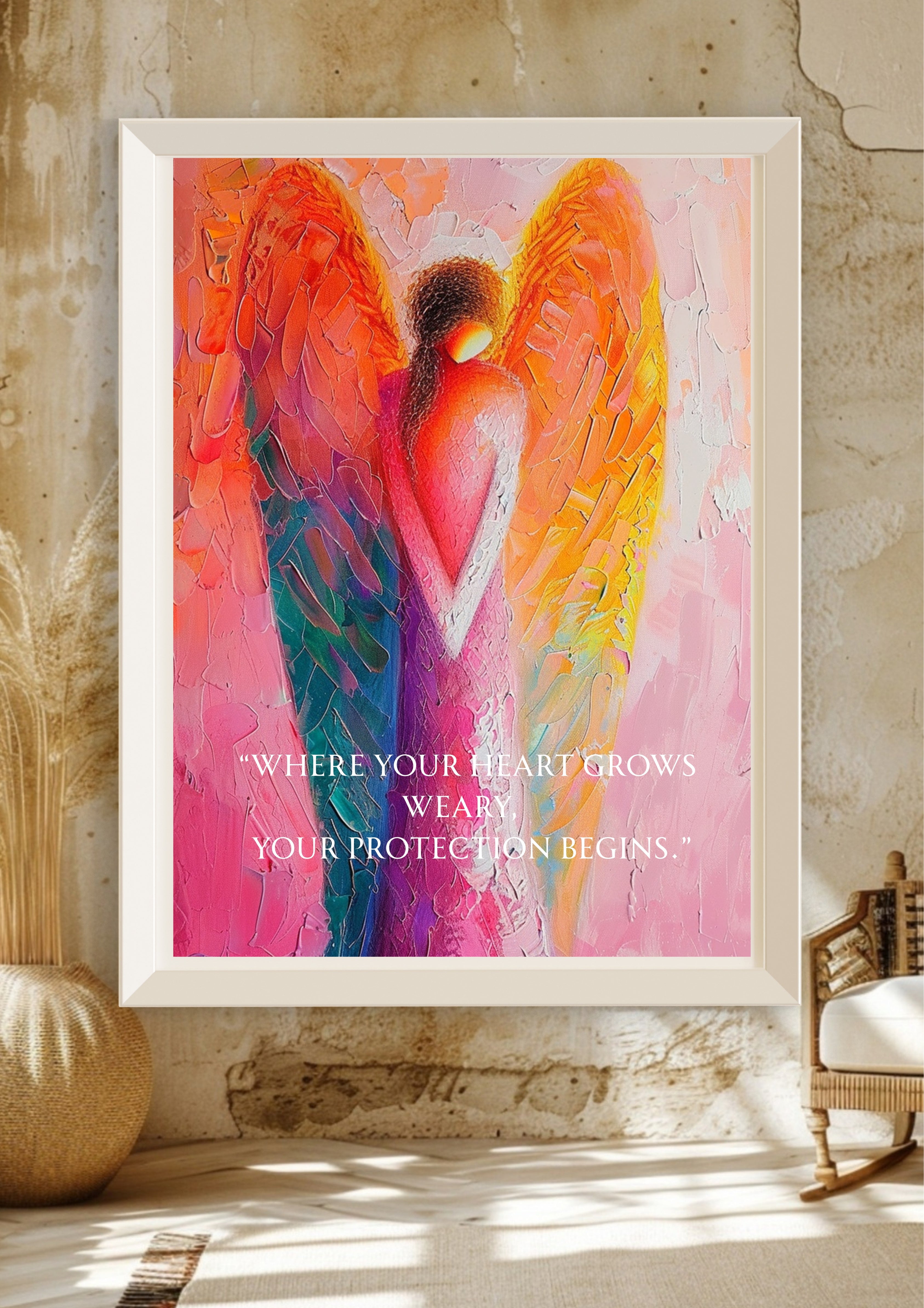 Engel Poster Abstrakt, Schutzengel Wandbild Modern, Spirituelle Engel Kunst, „Where Your Heart Grows Weary“ Zitat, Kraft & Schutz Wanddeko