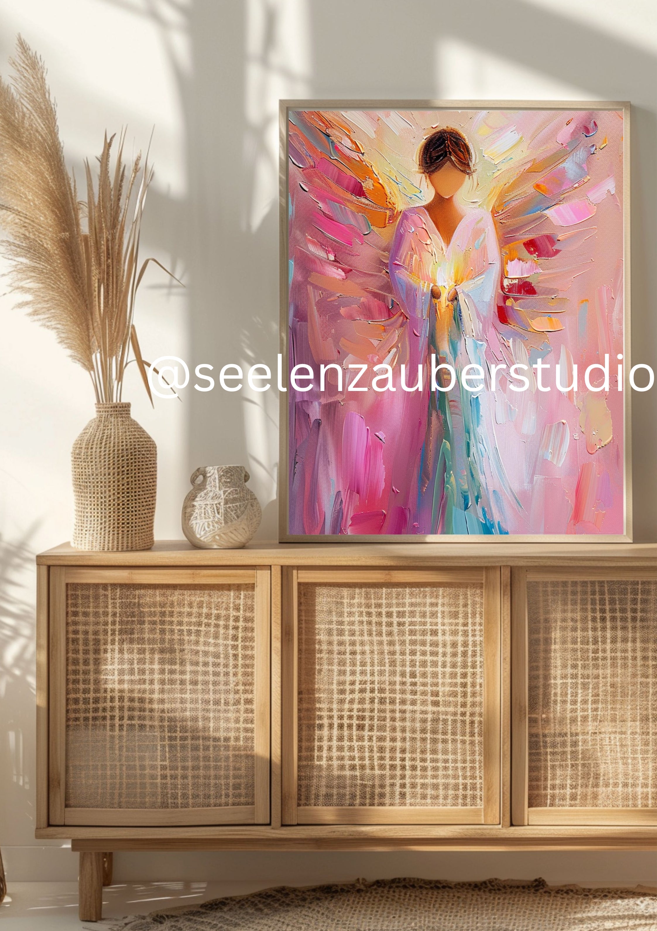 Engel Poster Bunt – Moderner Schutzengel mit Licht  Flügeln – Spirituelle Wandkunst – Engelbild Abstrakt – Geschenk Hoffnung  Kraft