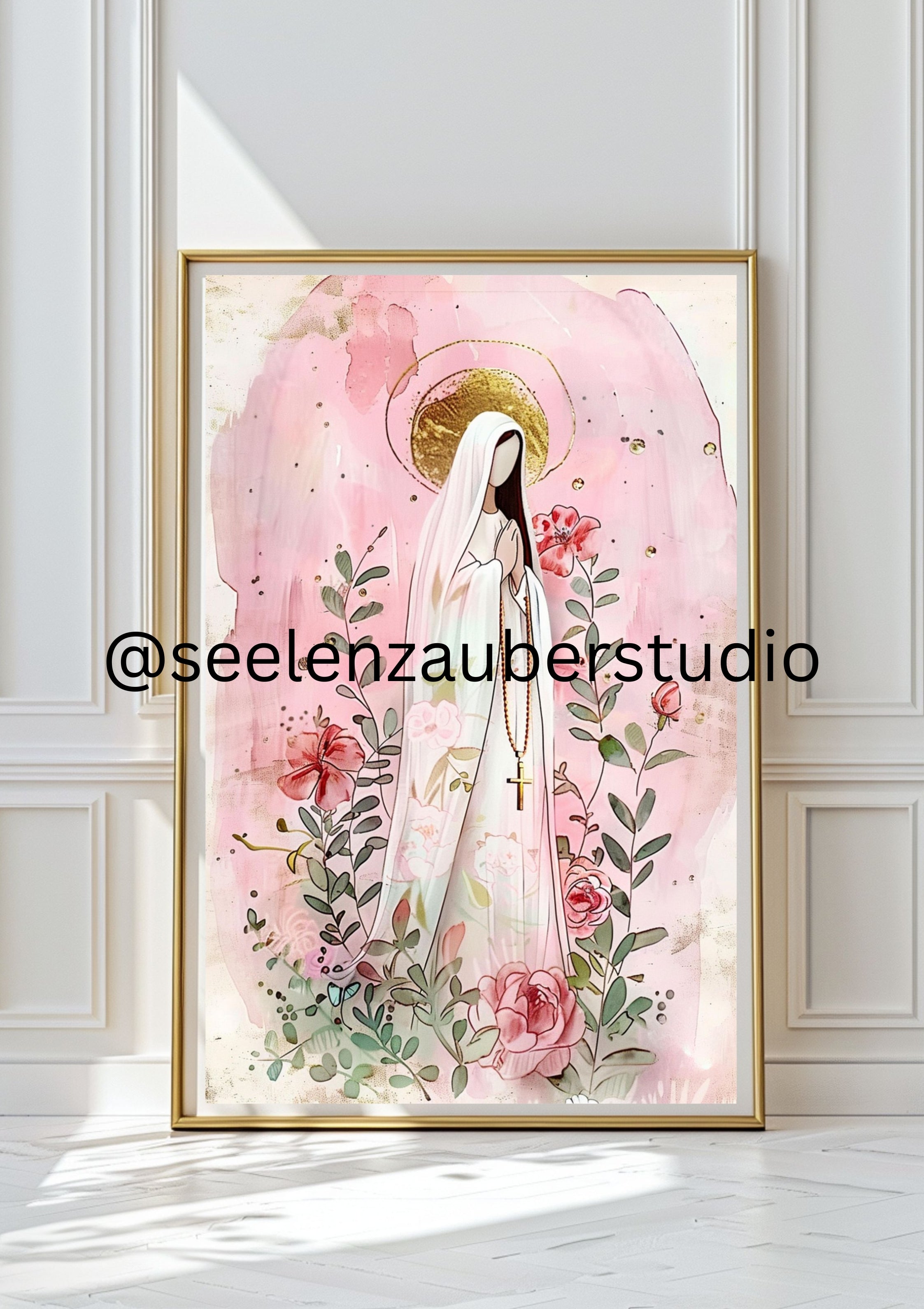Marien Poster Rosa – Jungfrau Maria Illustration mit Blumen  Gold – Christliche Wandkunst – Spirituelles Geschenk – Katholische Deko