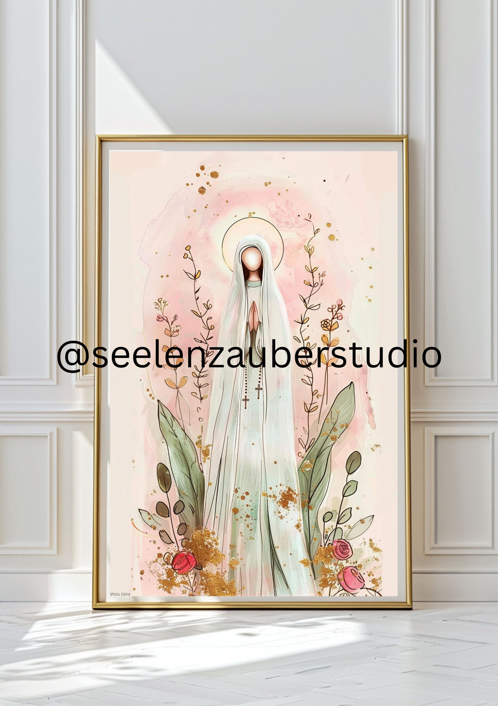 Marien Poster Rosa – Jungfrau Maria Illustration mit Blumen & Gold – Christliche Wandkunst – Spirituelles Geschenk – Katholische Deko
