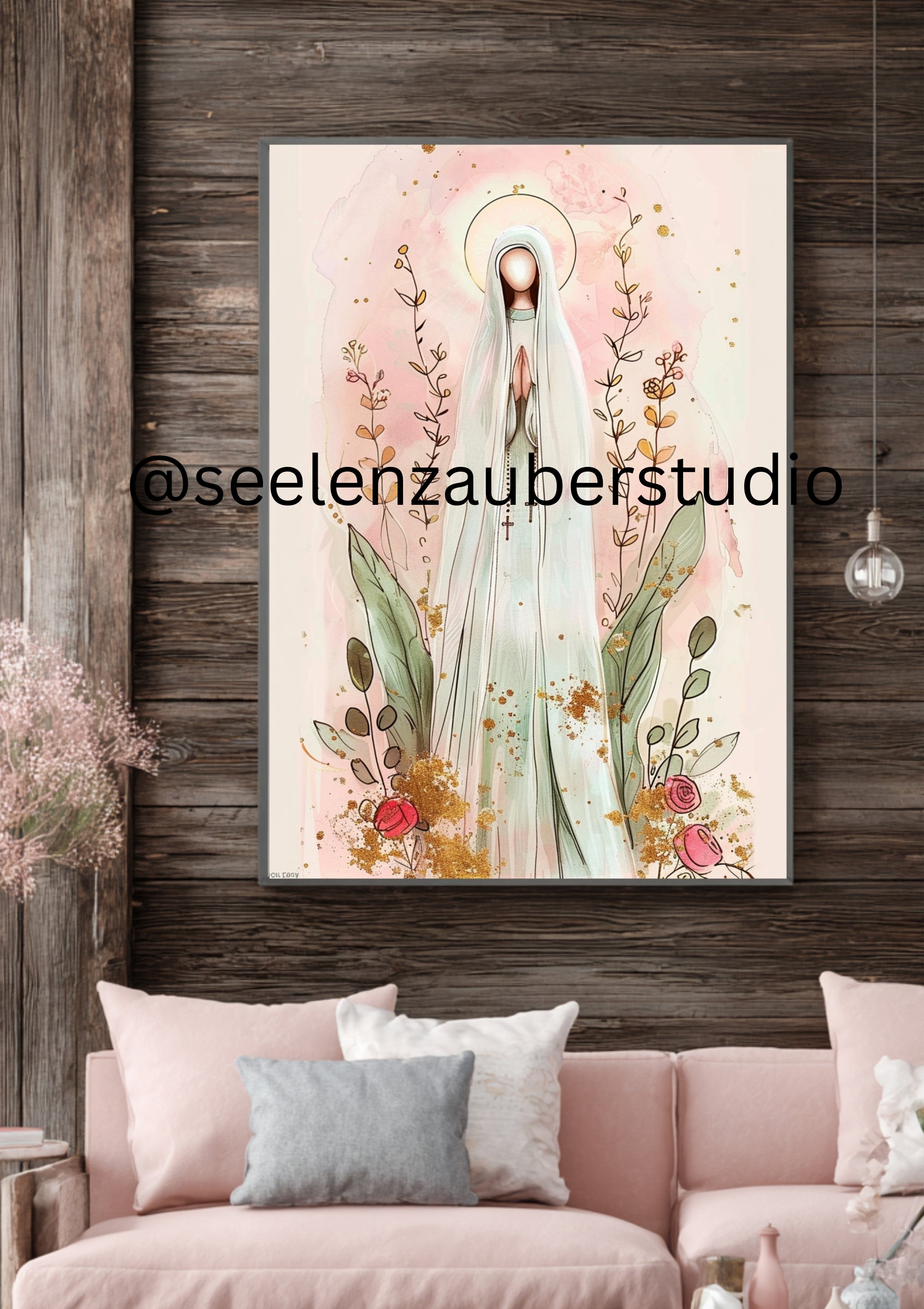 Marien Poster Rosa – Jungfrau Maria Illustration mit Blumen & Gold – Christliche Wandkunst – Spirituelles Geschenk – Katholische Deko