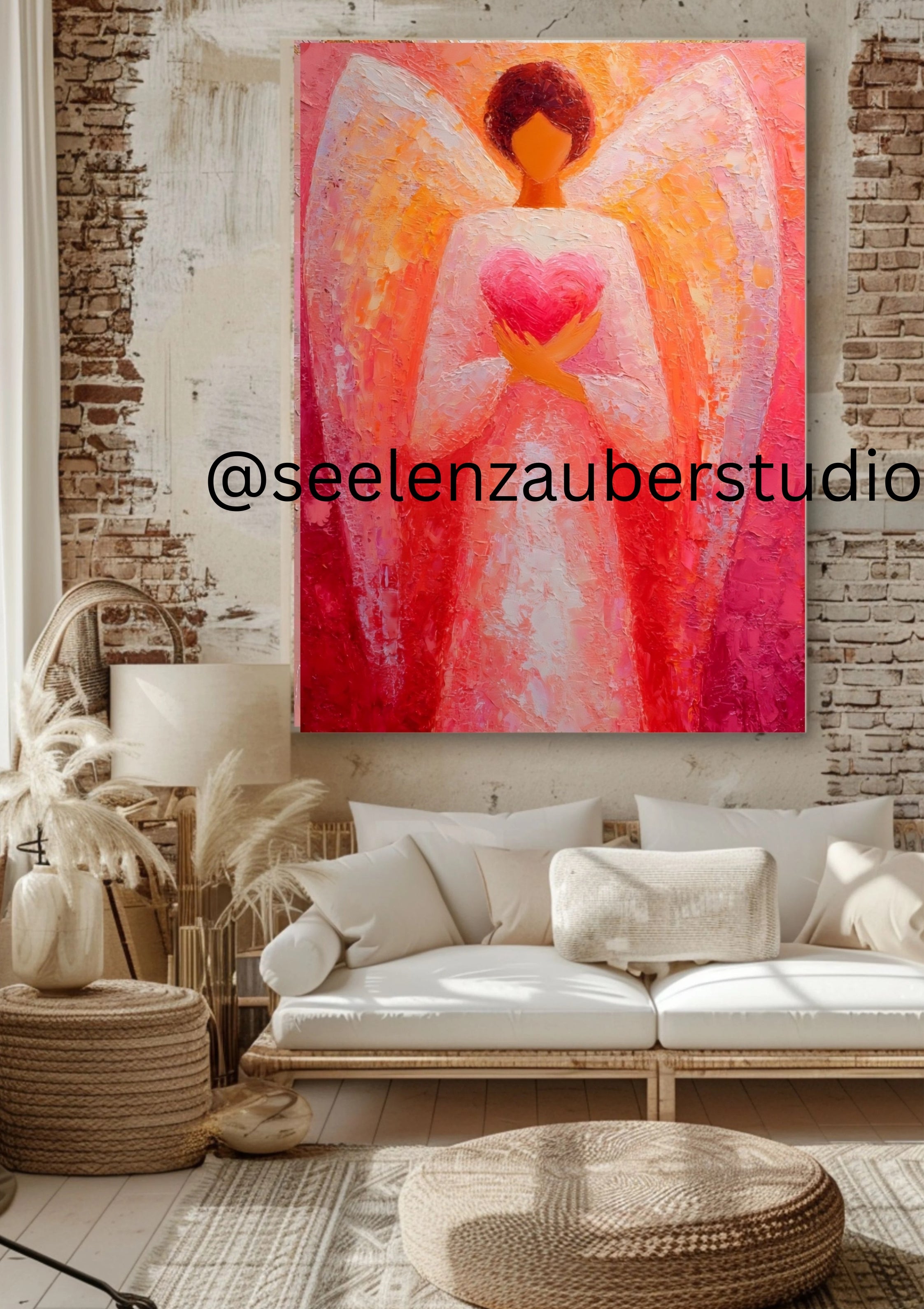 Erzengel Chamuel Leinwandbild mit Rahmen – Spirituelle Engelkunst in Rosa Gold – Gerahmtes Engel Wandbild für Liebe  Herzenergie