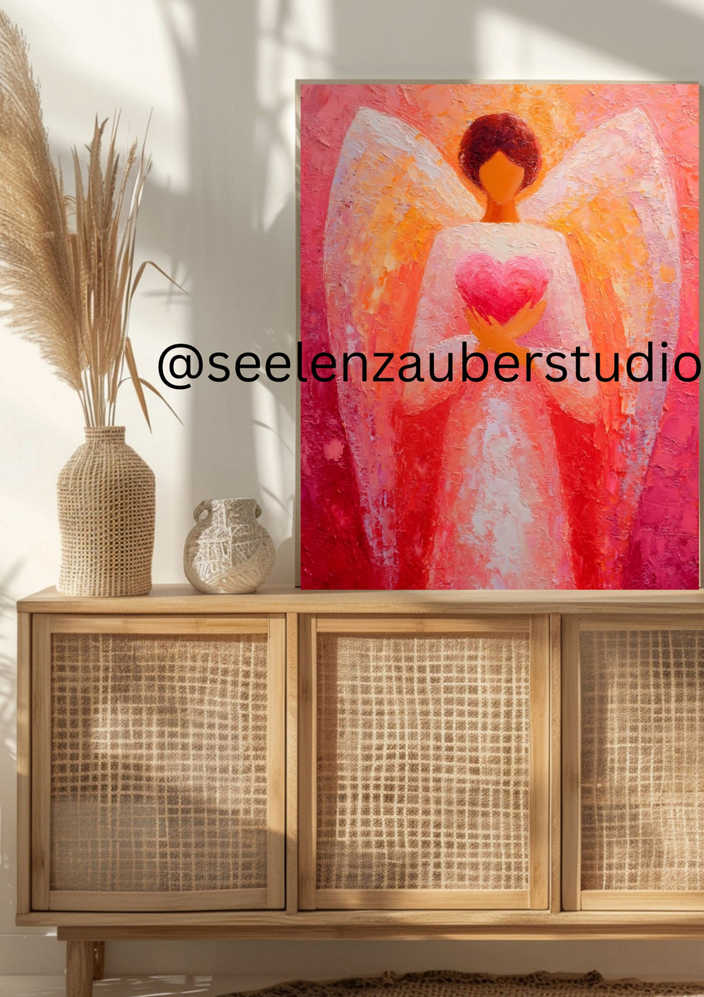 Erzengel Chamuel Leinwandbild mit Rahmen – Spirituelle Engelkunst in Rosa Gold – Gerahmtes Engel Wandbild für Liebe  Herzenergie