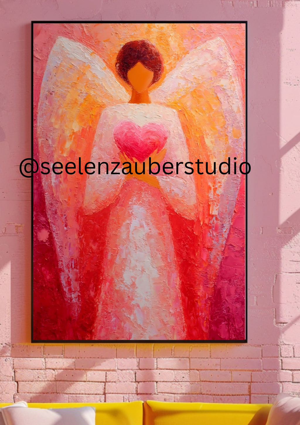 Erzengel Chamuel Leinwandbild mit Rahmen – Spirituelle Engelkunst in Rosa Gold – Gerahmtes Engel Wandbild für Liebe  Herzenergie