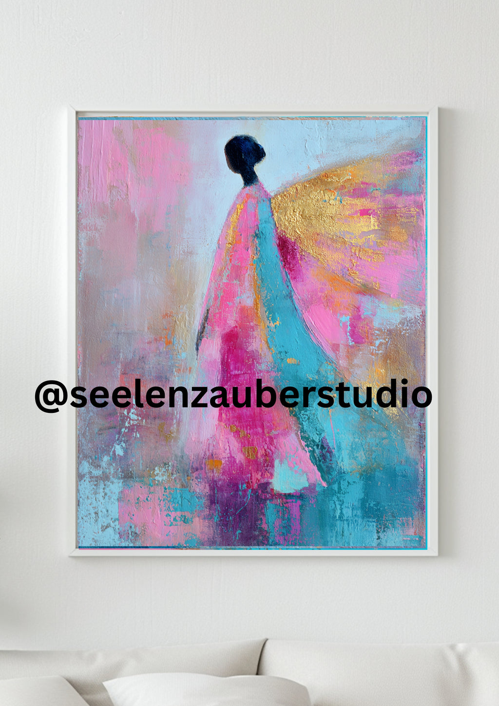 Engel Kunst Poster – Abstraktes spirituelles Wandbild in Rosa, Türkis & Gold | Erzengel Chamuel Energie & Herzheilung