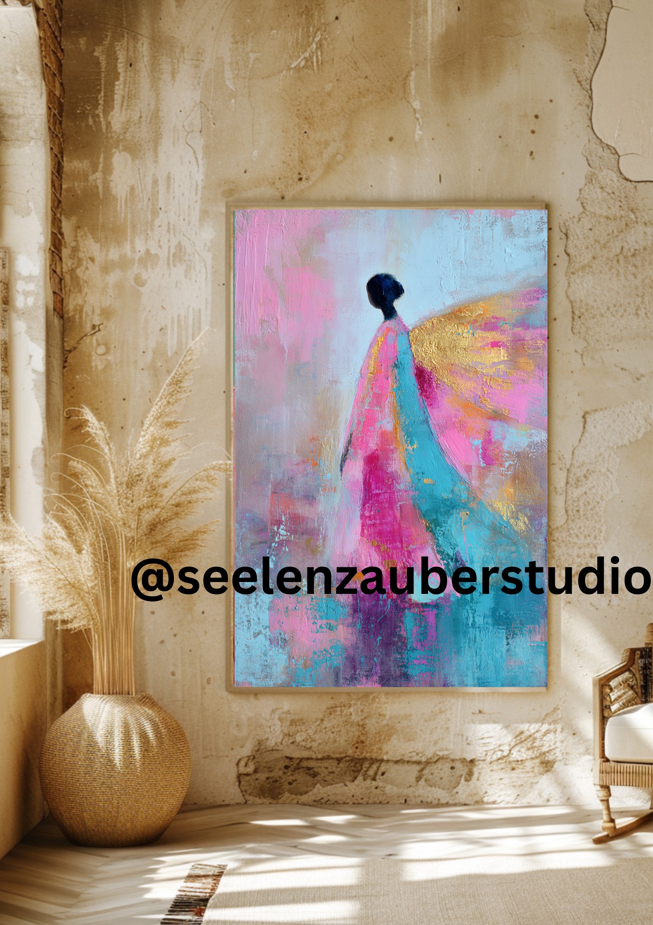 Angel Art Poster – Abstract Spiritual Wall Art in Pink, Turquoise &amp; Gold | Archangel Chamuel Energy &amp; Heart Healing