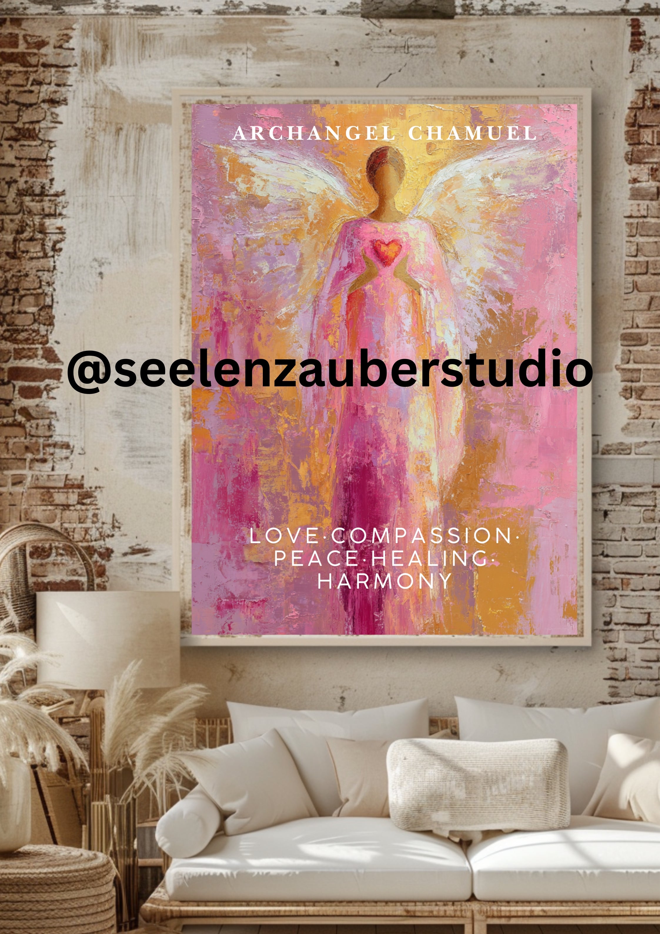 Archangel Chamuel Poster | Love &amp; Compassion | Spiritual Wall Decor | Pink Angel Art Print | Healing Harmony