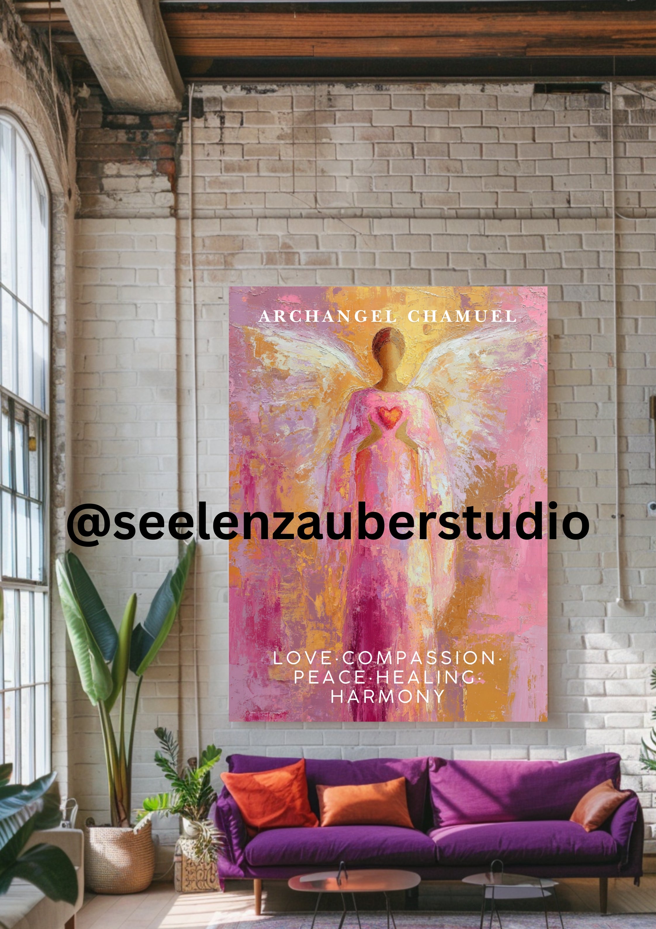 Archangel Chamuel Poster | Love &amp; Compassion | Spiritual Wall Decor | Pink Angel Art Print | Healing Harmony
