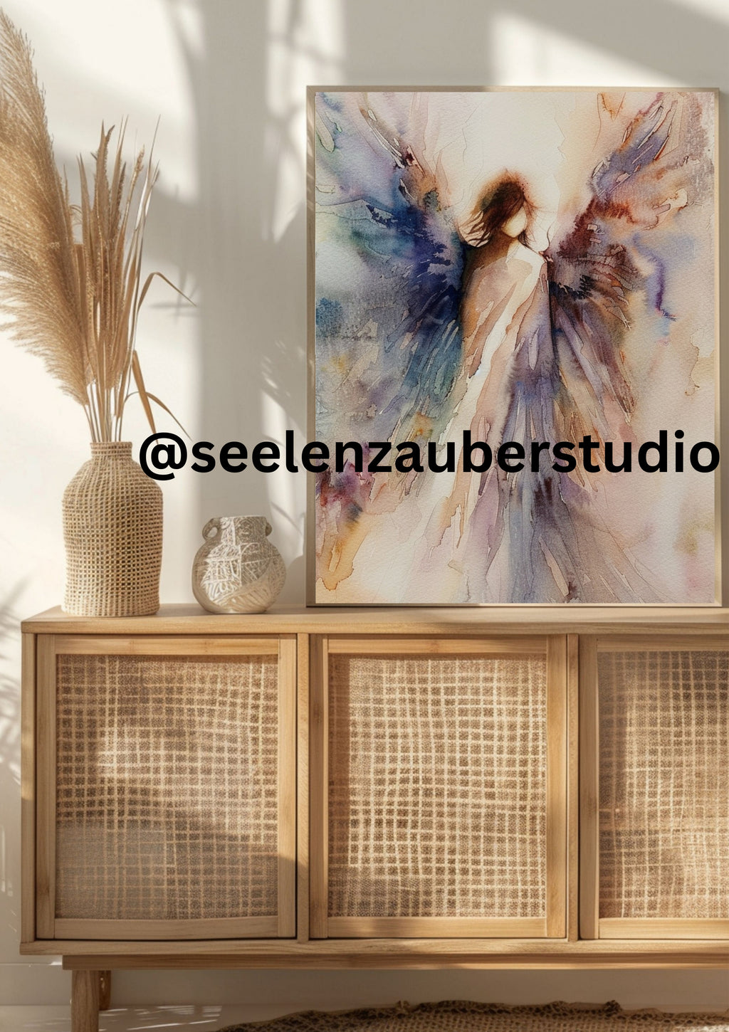 Abstraktes Engel Poster – Zarte Aquarell Wandkunst in Lila  Blau – Spiritueller Kunstdruck für Wohnzimmer  Schlafzimmer