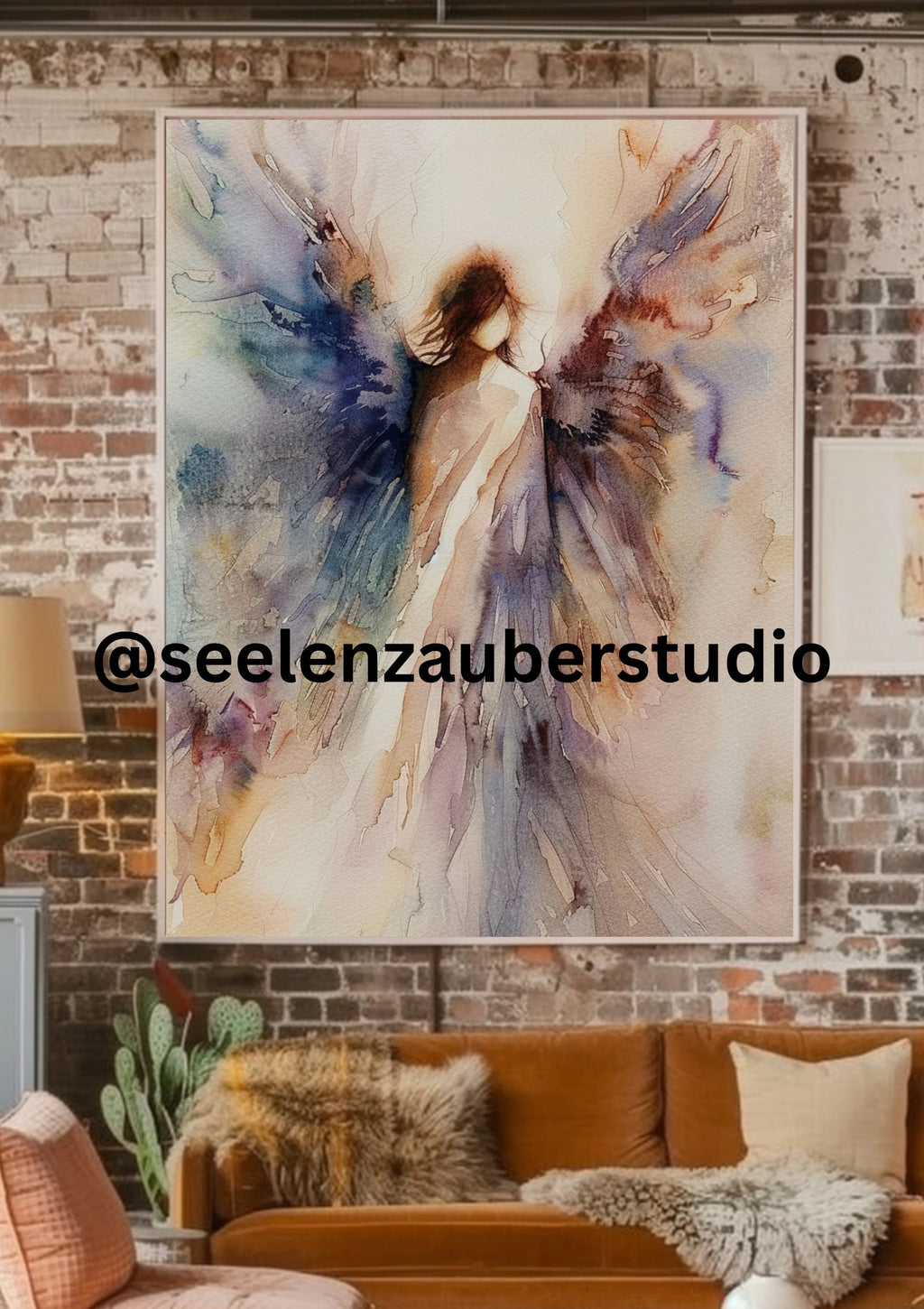 Abstraktes Engel Poster – Zarte Aquarell Wandkunst in Lila  Blau – Spiritueller Kunstdruck für Wohnzimmer  Schlafzimmer