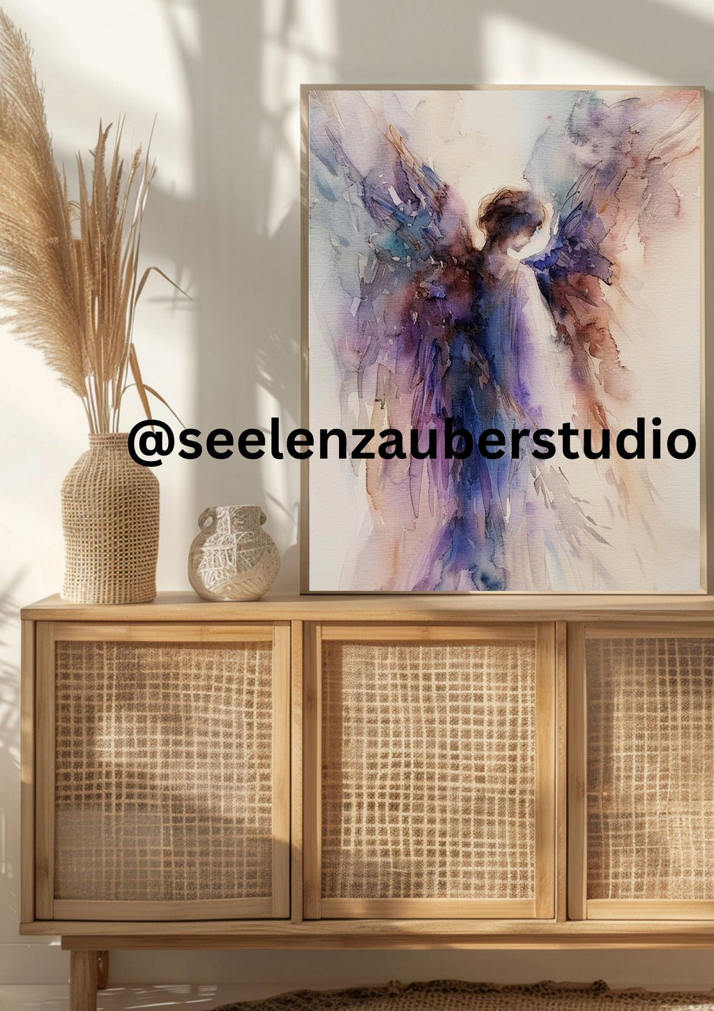 Abstraktes Engel Poster – Zarte Aquarell Wandkunst in Lila  Blau – Spiritueller Kunstdruck für Wohnzimmer  Schlafzimmer