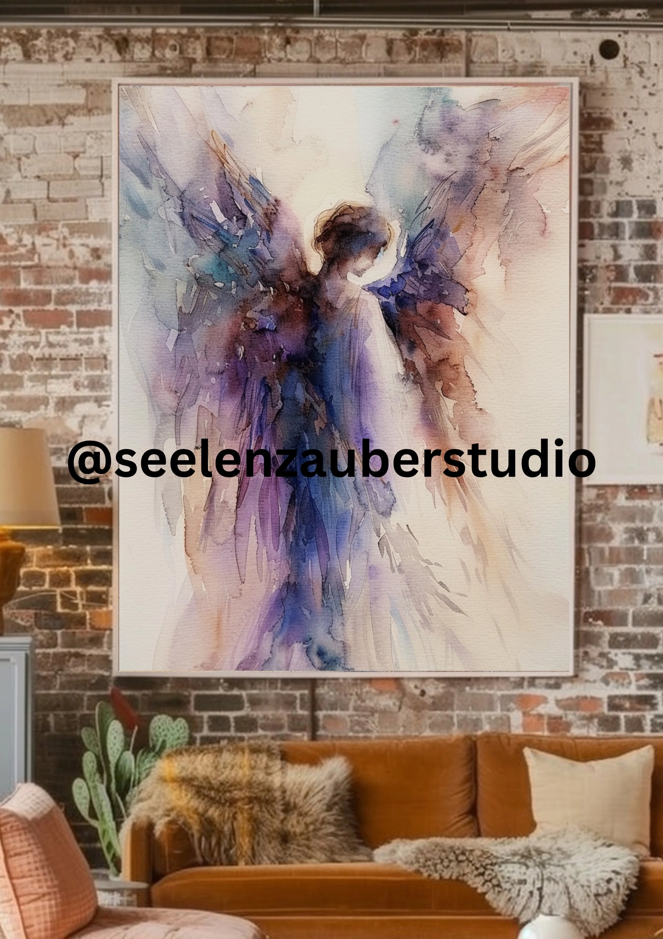 Abstraktes Engel Poster – Zarte Aquarell Wandkunst in Lila  Blau – Spiritueller Kunstdruck für Wohnzimmer  Schlafzimmer