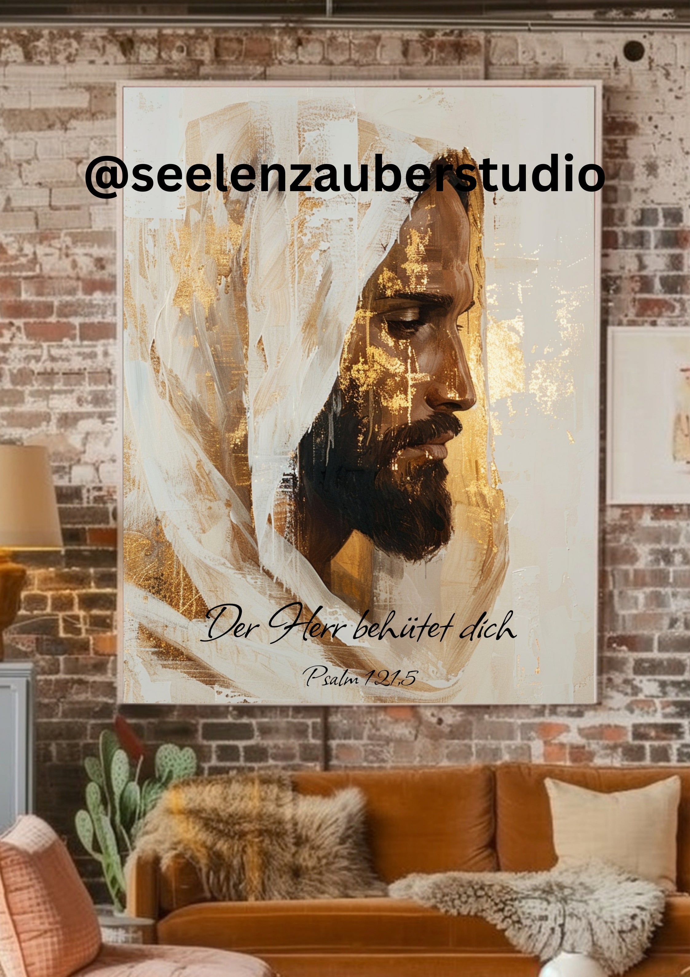 Jesus Leinwandbild mit Rahmen – Christliche Wandkunst mit Bibelvers Psalm 121 – Gerahmtes Jesus Bild in Gold & Beige