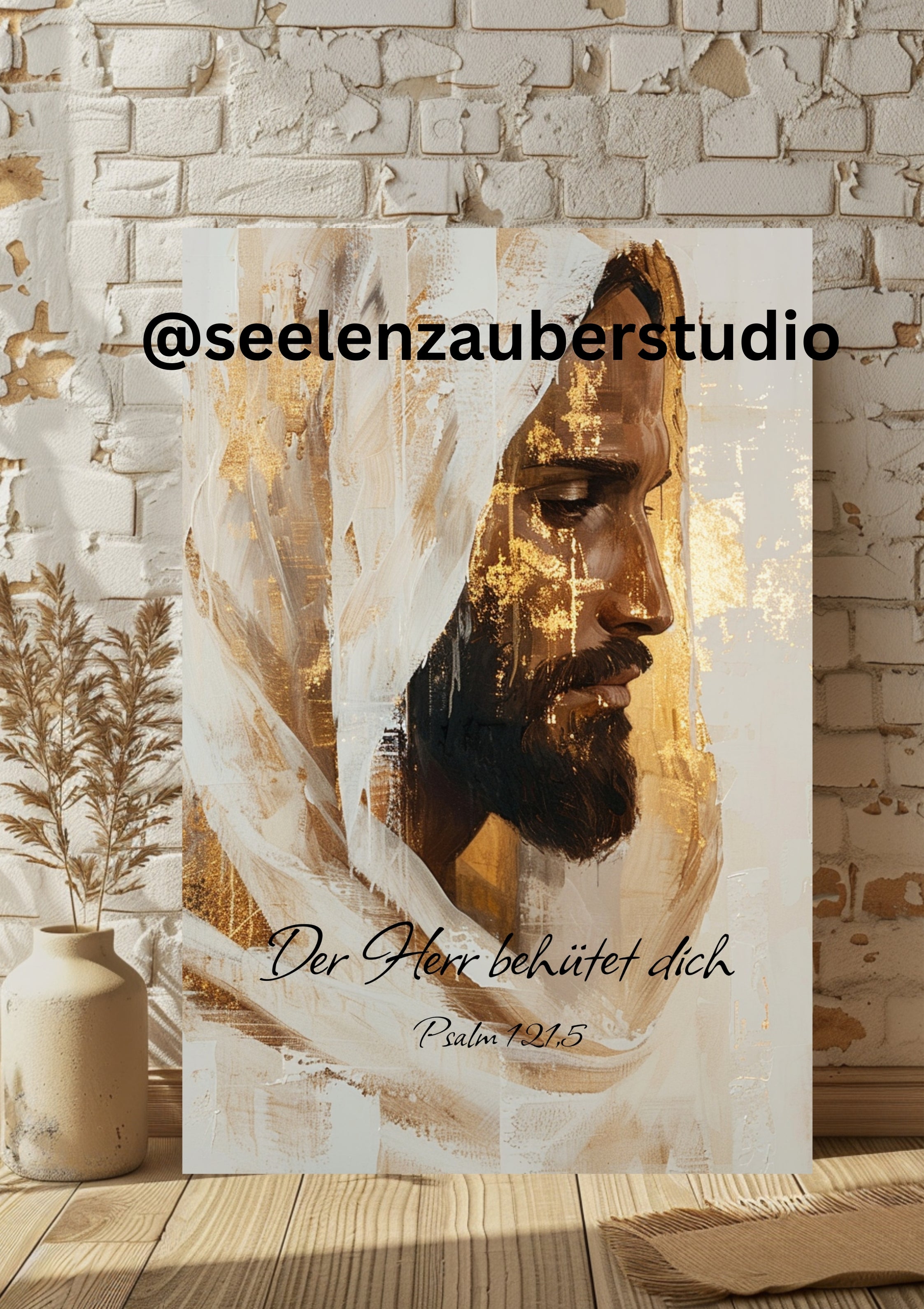 Jesus Leinwandbild mit Rahmen – Christliche Wandkunst mit Bibelvers Psalm 121 – Gerahmtes Jesus Bild in Gold & Beige