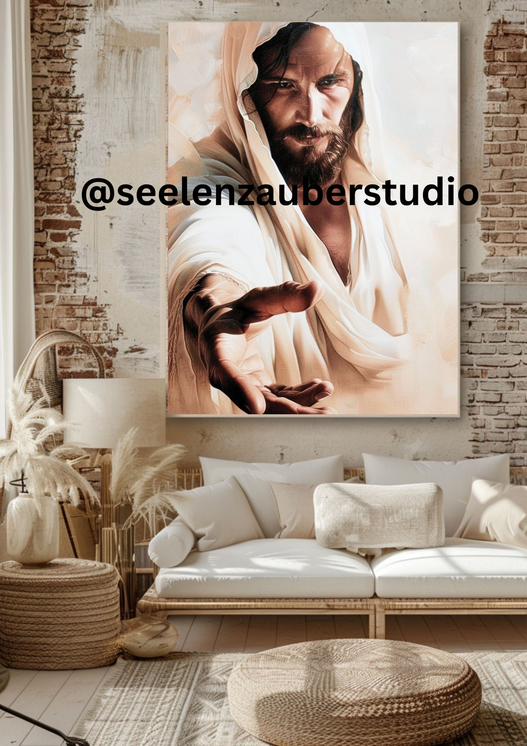 Leinwandbild gerahmt-Jesus Bild – Jesus reicht die Hand – Christliches Wandbild – Religionskunst – Boho Jesus Art