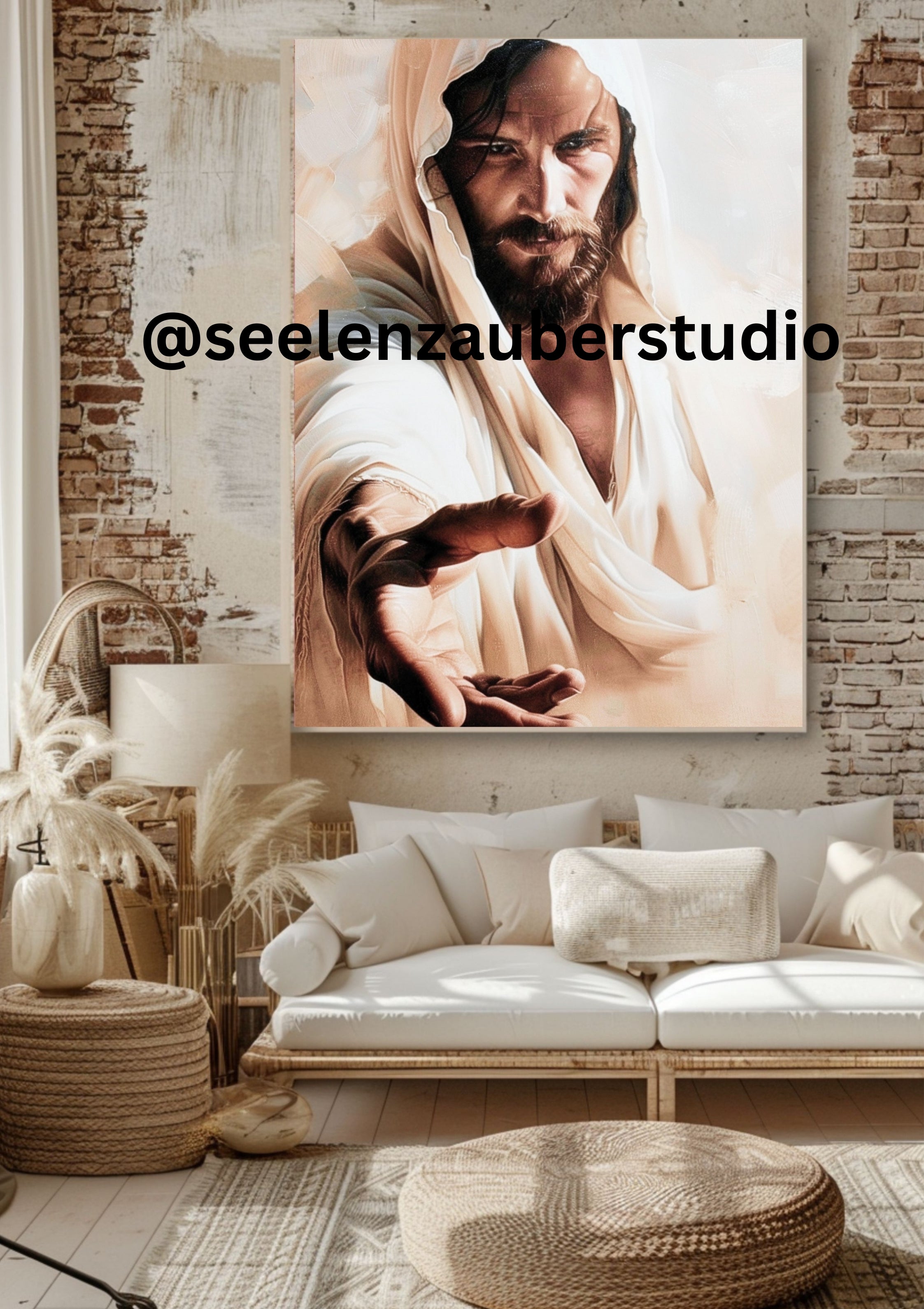 Leinwandbild gerahmt-Jesus Bild – Jesus reicht die Hand – Christliches Wandbild – Religionskunst – Boho Jesus Art