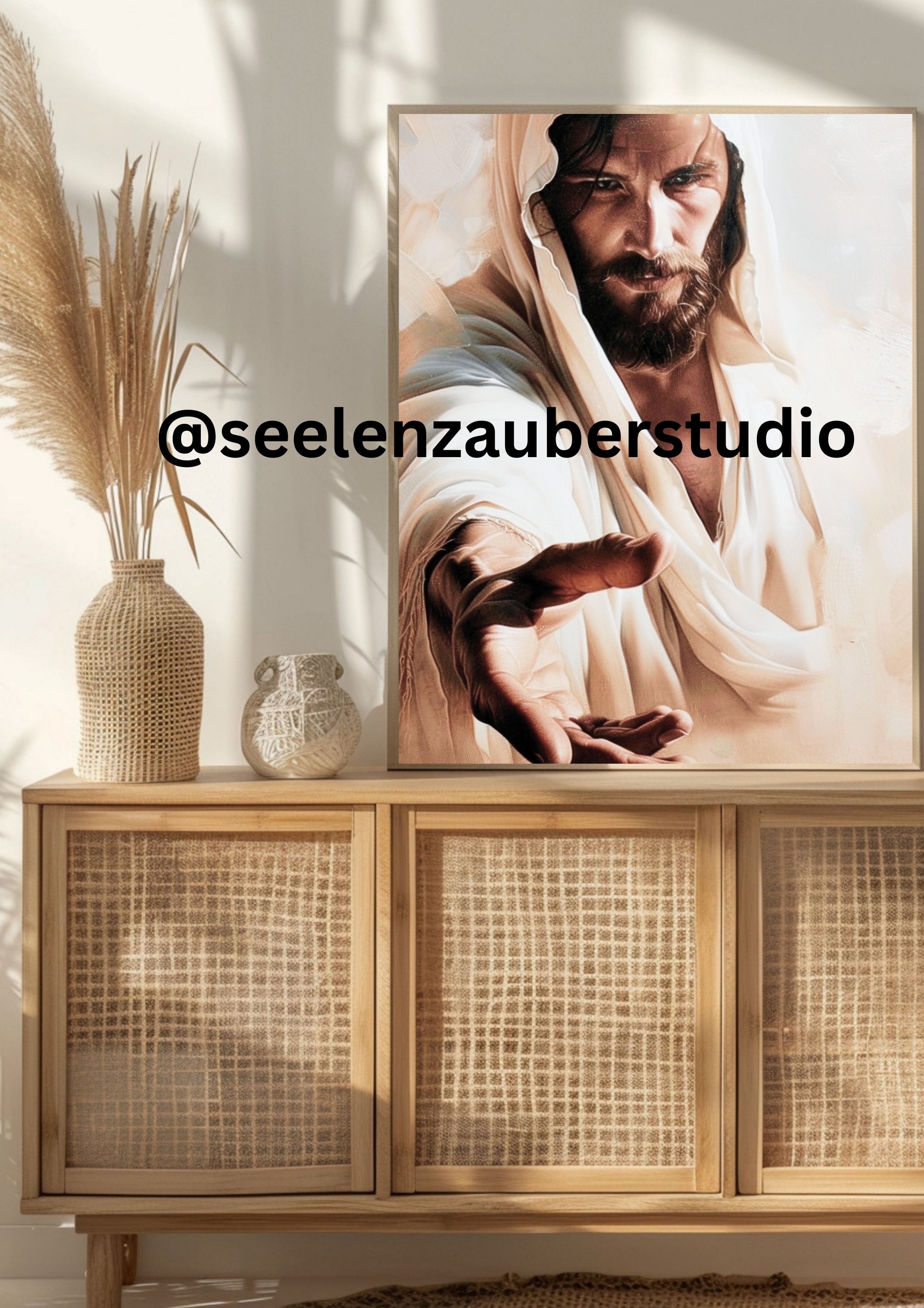 Leinwandbild gerahmt-Jesus Bild – Jesus reicht die Hand – Christliches Wandbild – Religionskunst – Boho Jesus Art