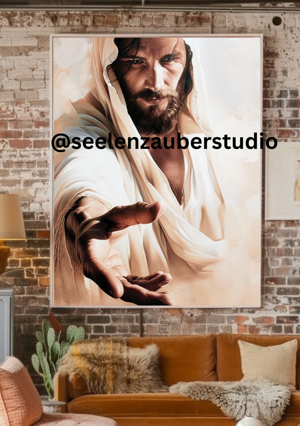 Leinwandbild gerahmt-Jesus Bild – Jesus reicht die Hand – Christliches Wandbild – Religionskunst – Boho Jesus Art