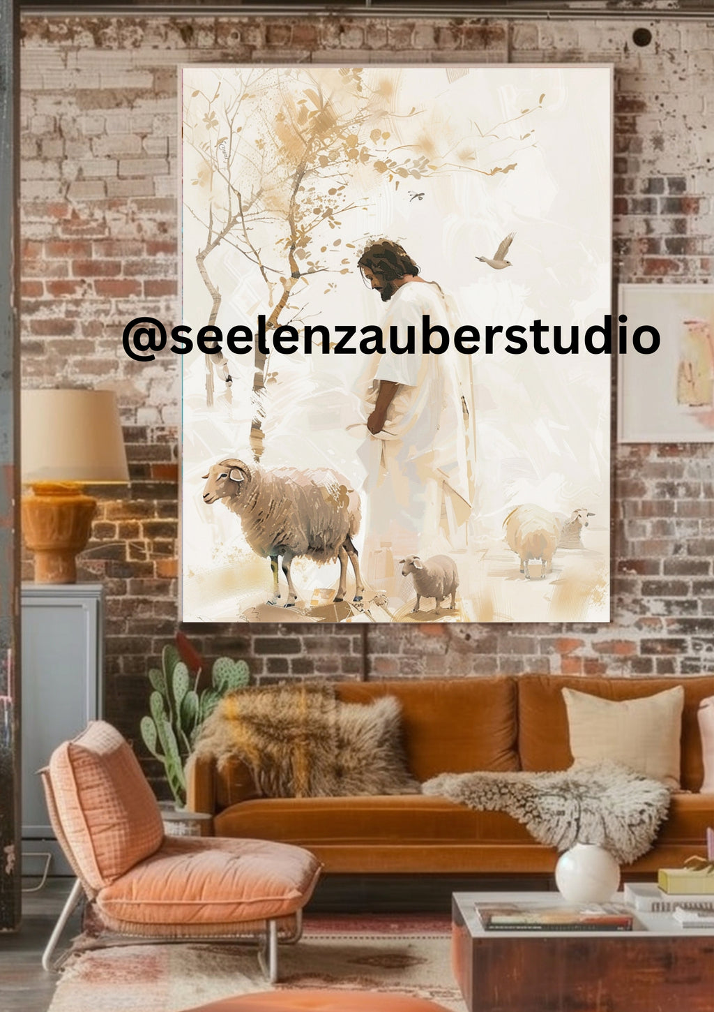 Jesus mit Schafen – Boho Leinwandbild | Christliche Wandkunst in Beige & Gold | Sanfter Hirte Artwork | Geschenk für Gläubige