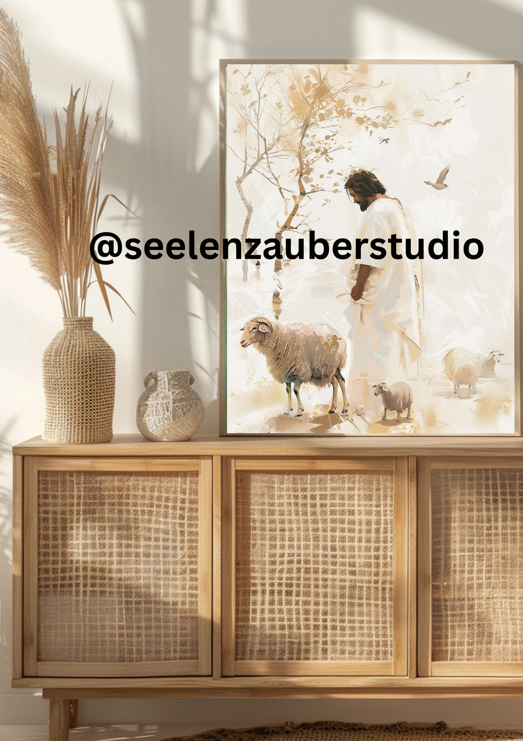 Jesus mit Schafen – Boho Leinwandbild | Christliche Wandkunst in Beige & Gold | Sanfter Hirte Artwork | Geschenk für Gläubige