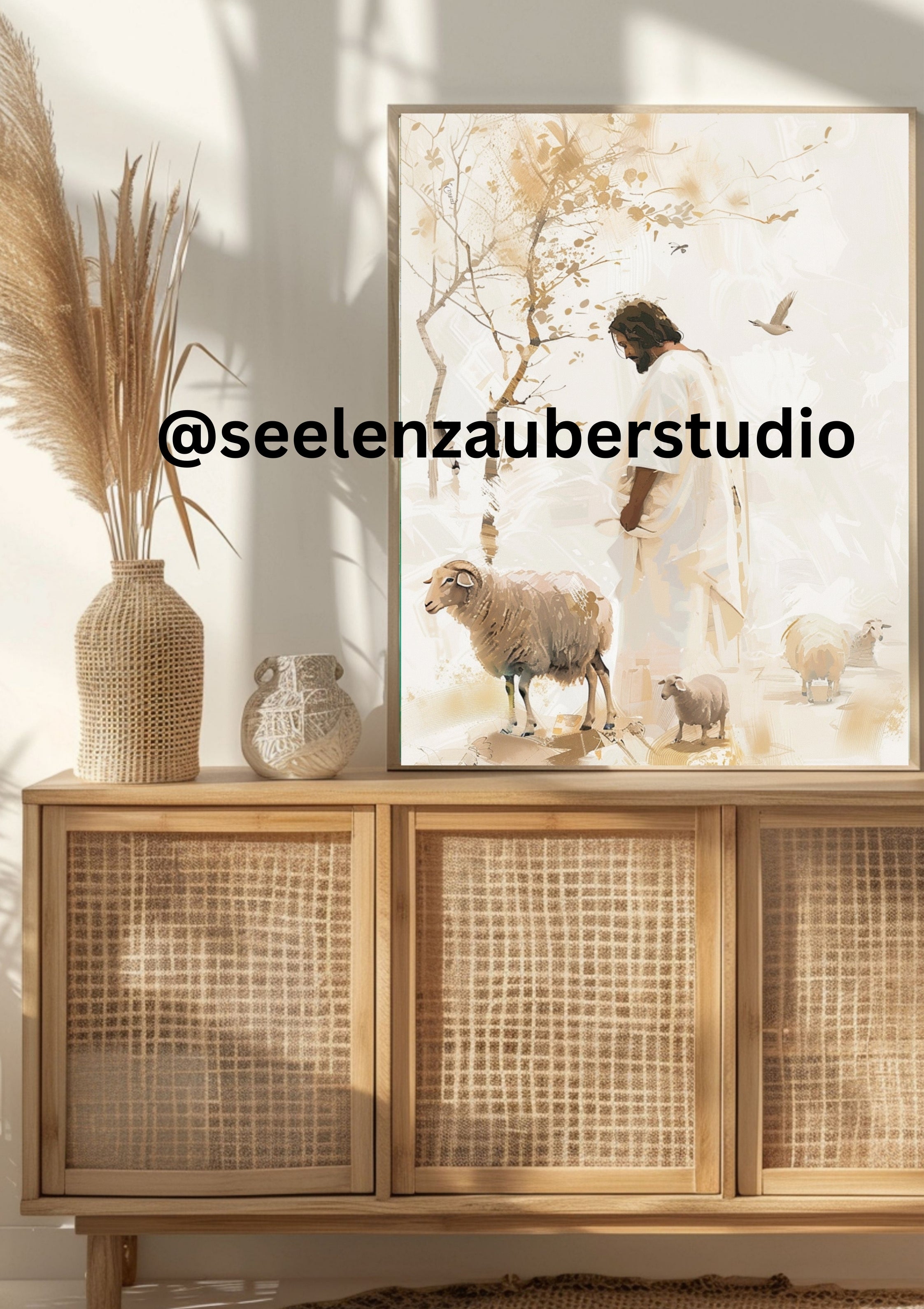 Jesus mit Schafen – Boho Leinwandbild | Christliche Wandkunst in Beige & Gold | Sanfter Hirte Artwork | Geschenk für Gläubige