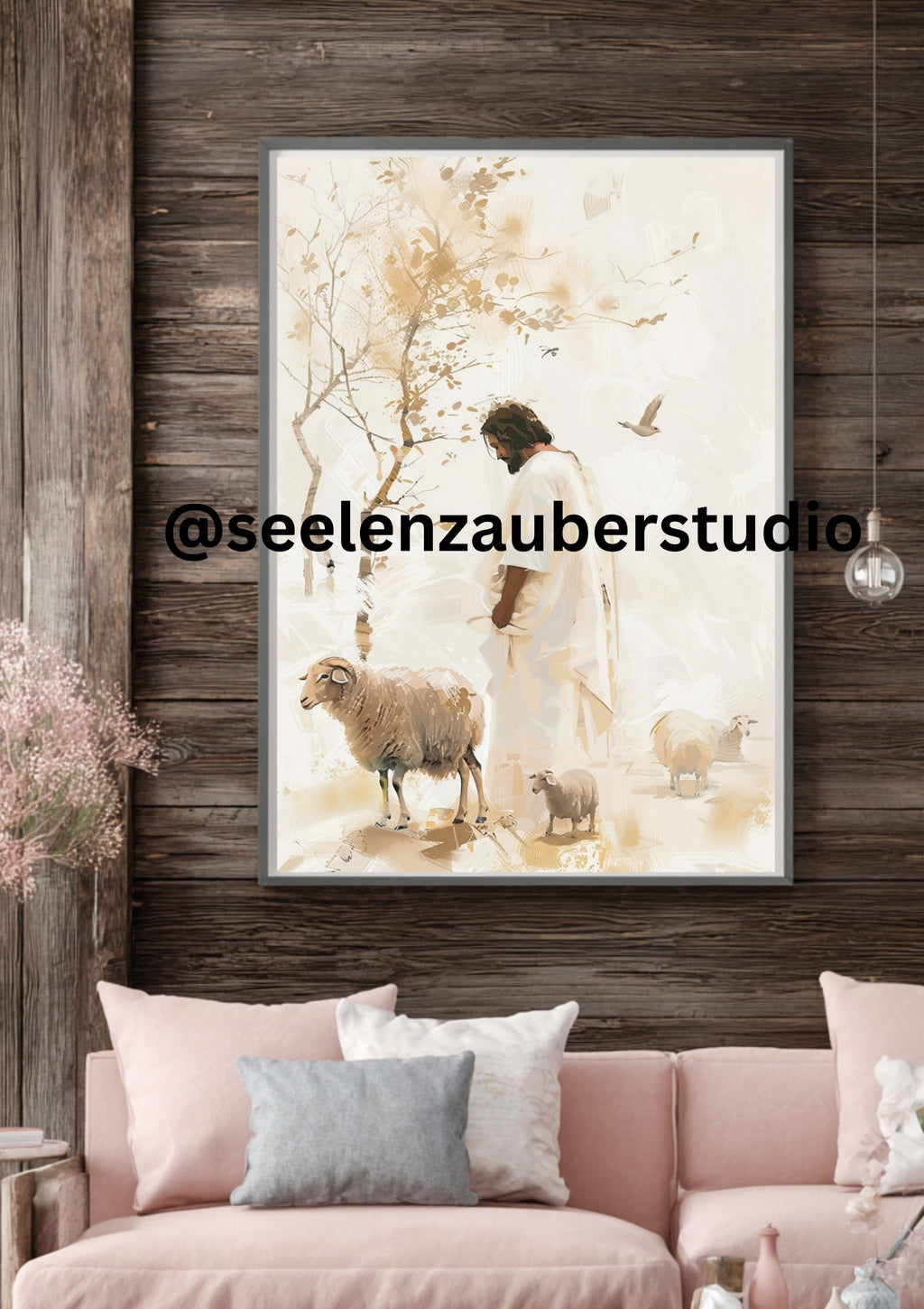 Jesus mit Schafen – Boho Leinwandbild | Christliche Wandkunst in Beige & Gold | Sanfter Hirte Artwork | Geschenk für Gläubige