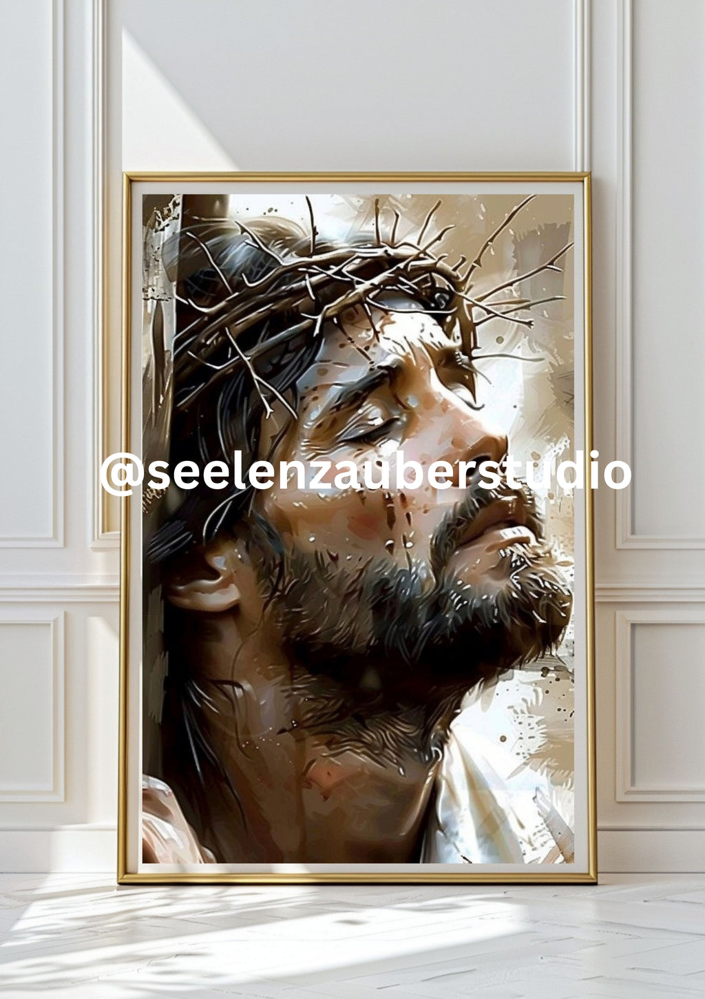 Jesus Christus Leinwandbild mit Rahmen – Christliche Wandkunst mit Dornenkrone – Modernes religiöses Wandbild in Gold & Beige