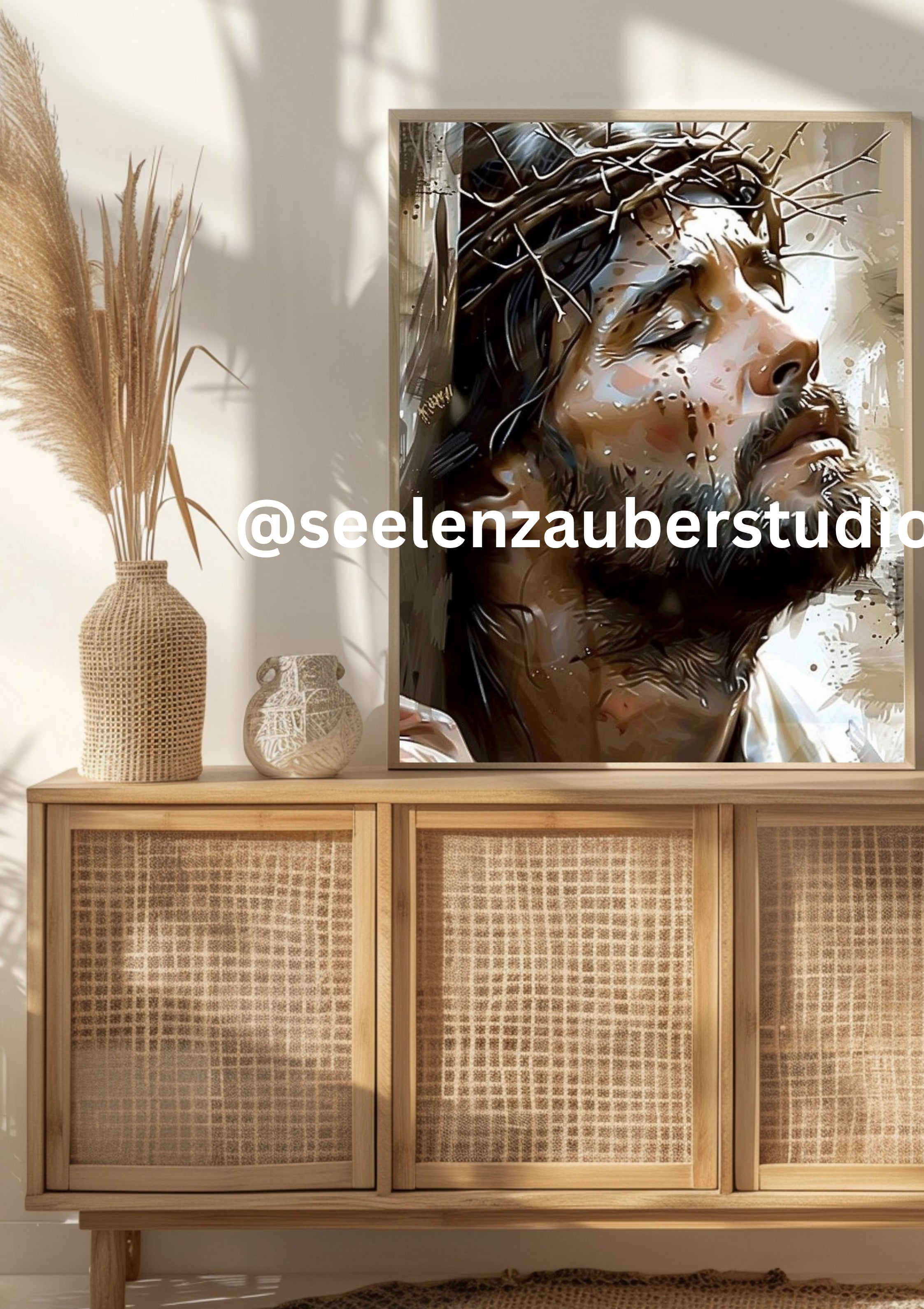 Jesus Christus Leinwandbild mit Rahmen – Christliche Wandkunst mit Dornenkrone – Modernes religiöses Wandbild in Gold & Beige