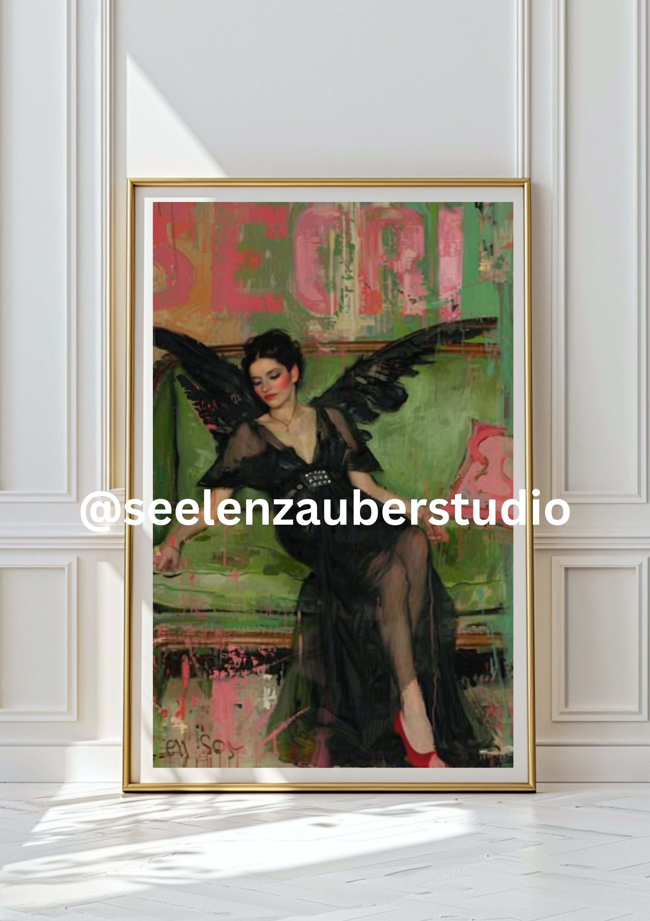 Vintage Engel Poster Modern – Zeitgenössische Vintage Wandkunst – Mystisches Frauenmotiv – Digitaler Kunstdruck