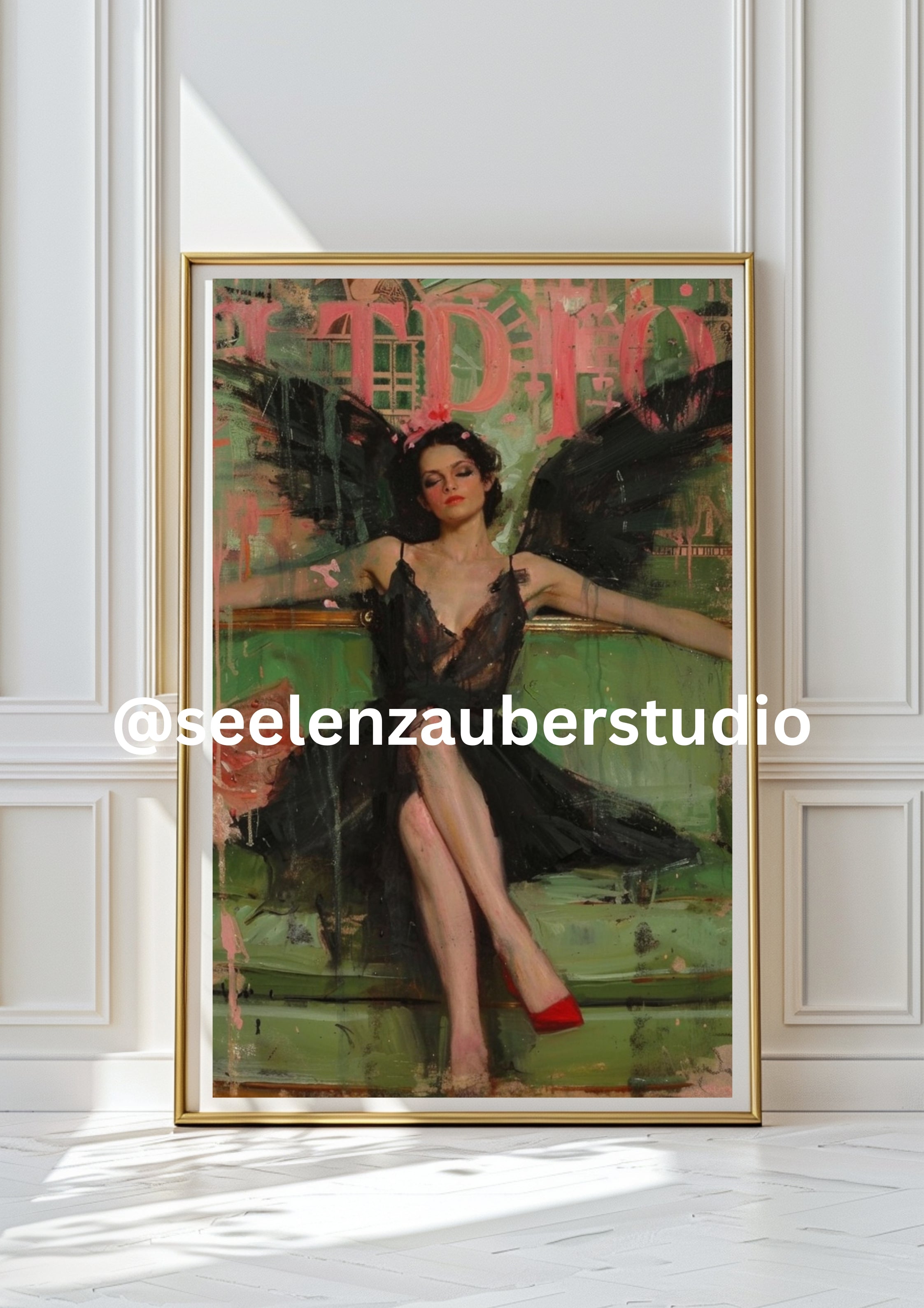 Vintage Engel Poster Modern – Sinnliche Engelkunst mit schwarzen Flügeln – Zeitgenössische Vintage Wandkunst– Digitaler Kunstdruck