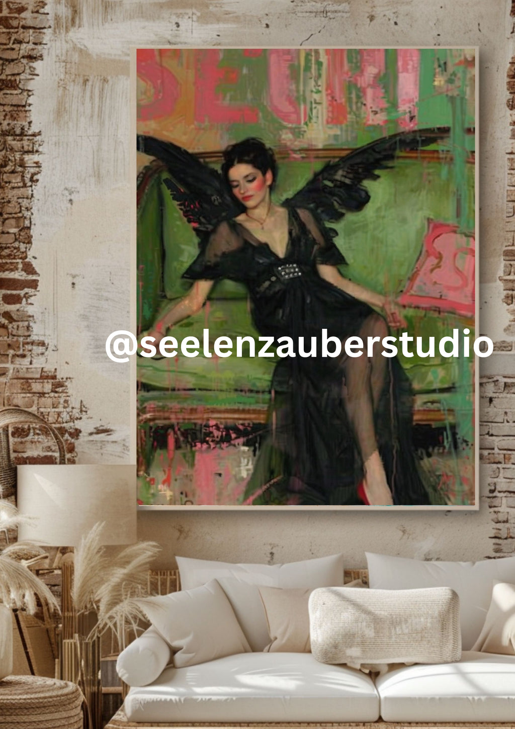 Abstraktes Engel Leinwandbild mit Rahmen – Moderner Engel in Schwarz  Grün – Ausdrucksstarke Wandkunst für Wohnzimmer,Schlafzimmer