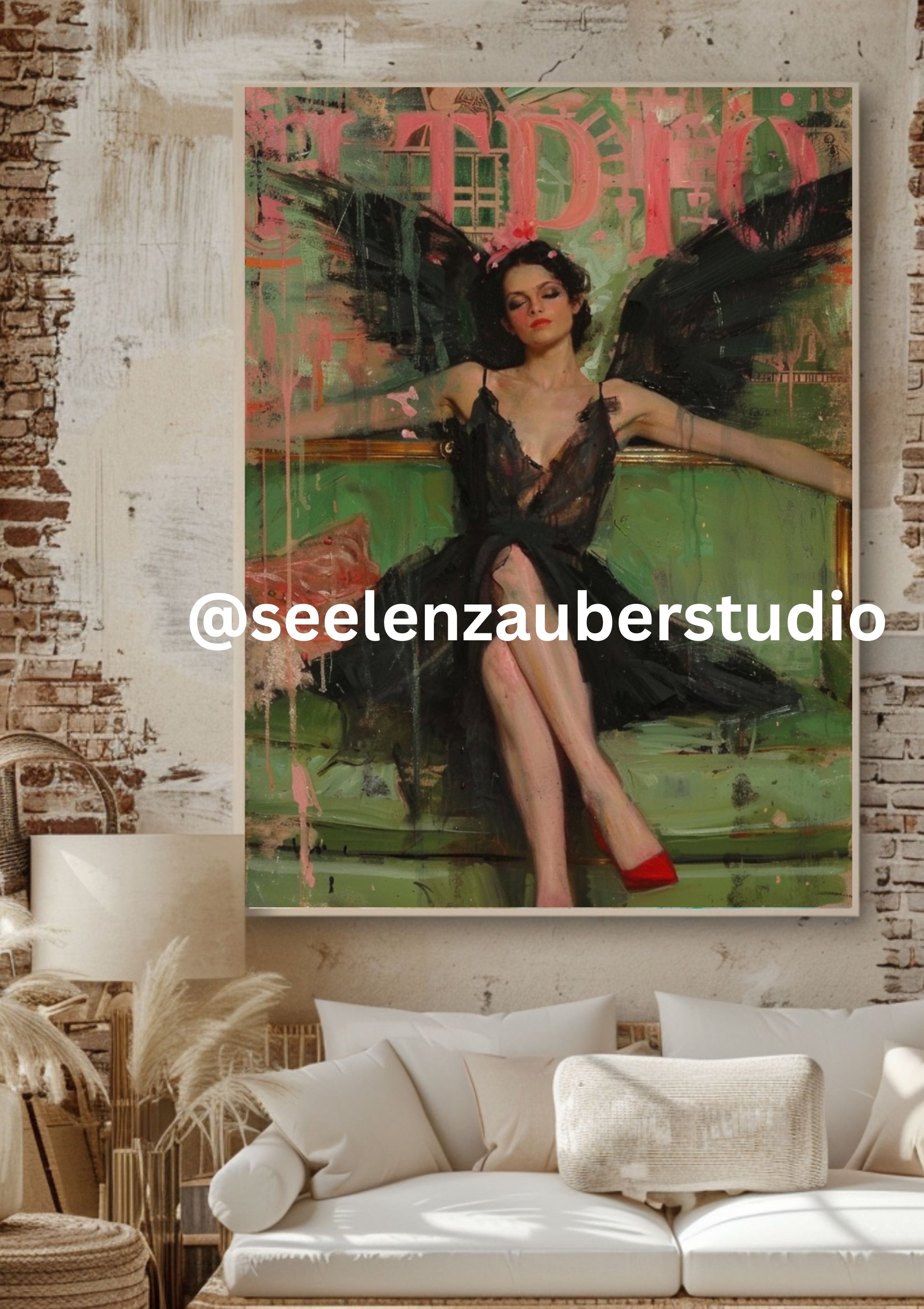 Vintage Engel Poster Modern – Sinnliche Engelkunst mit schwarzen Flügeln – Zeitgenössische Vintage Wandkunst– Digitaler Kunstdruck