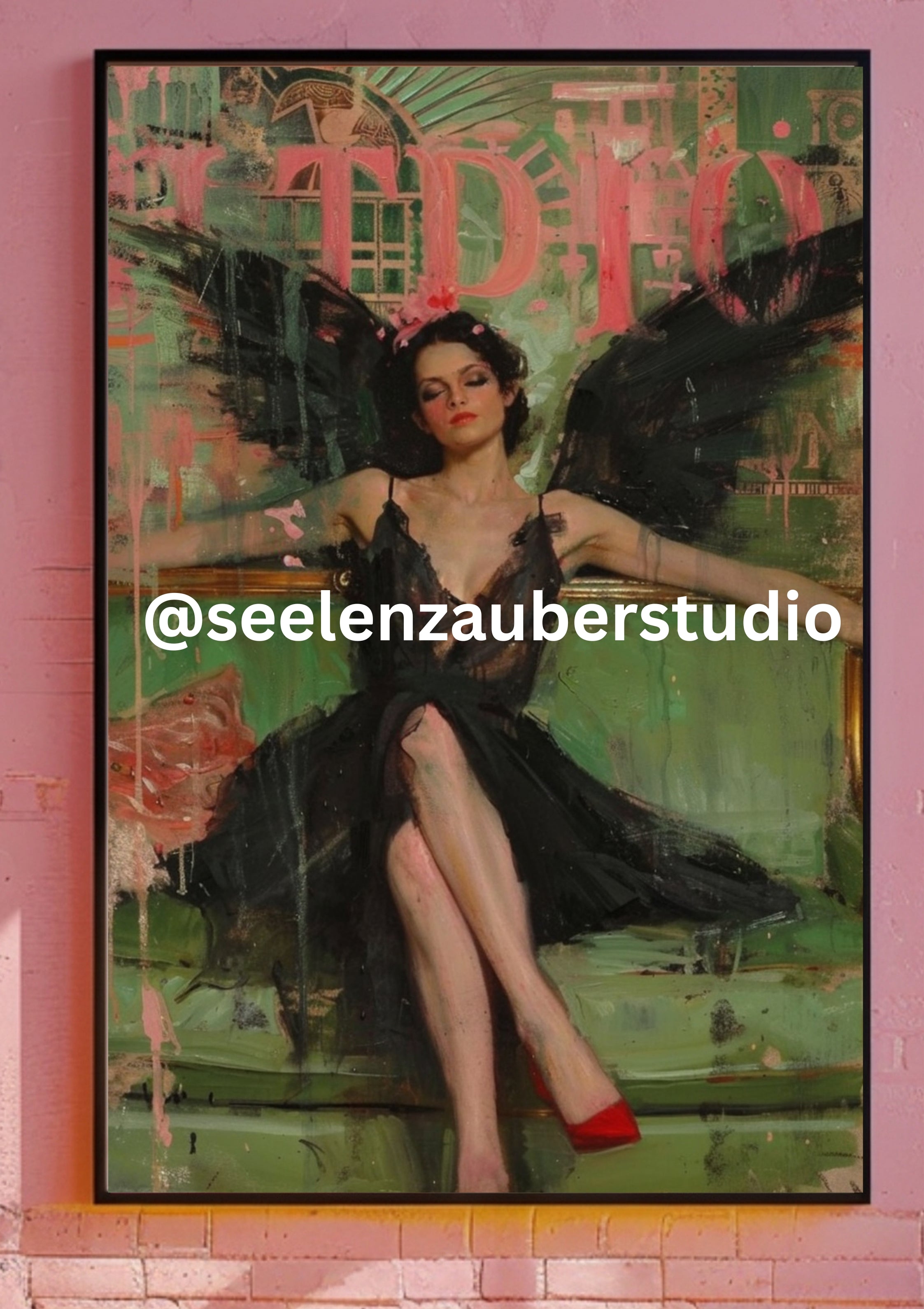 Vintage Engel Poster Modern – Sinnliche Engelkunst mit schwarzen Flügeln – Zeitgenössische Vintage Wandkunst– Digitaler Kunstdruck