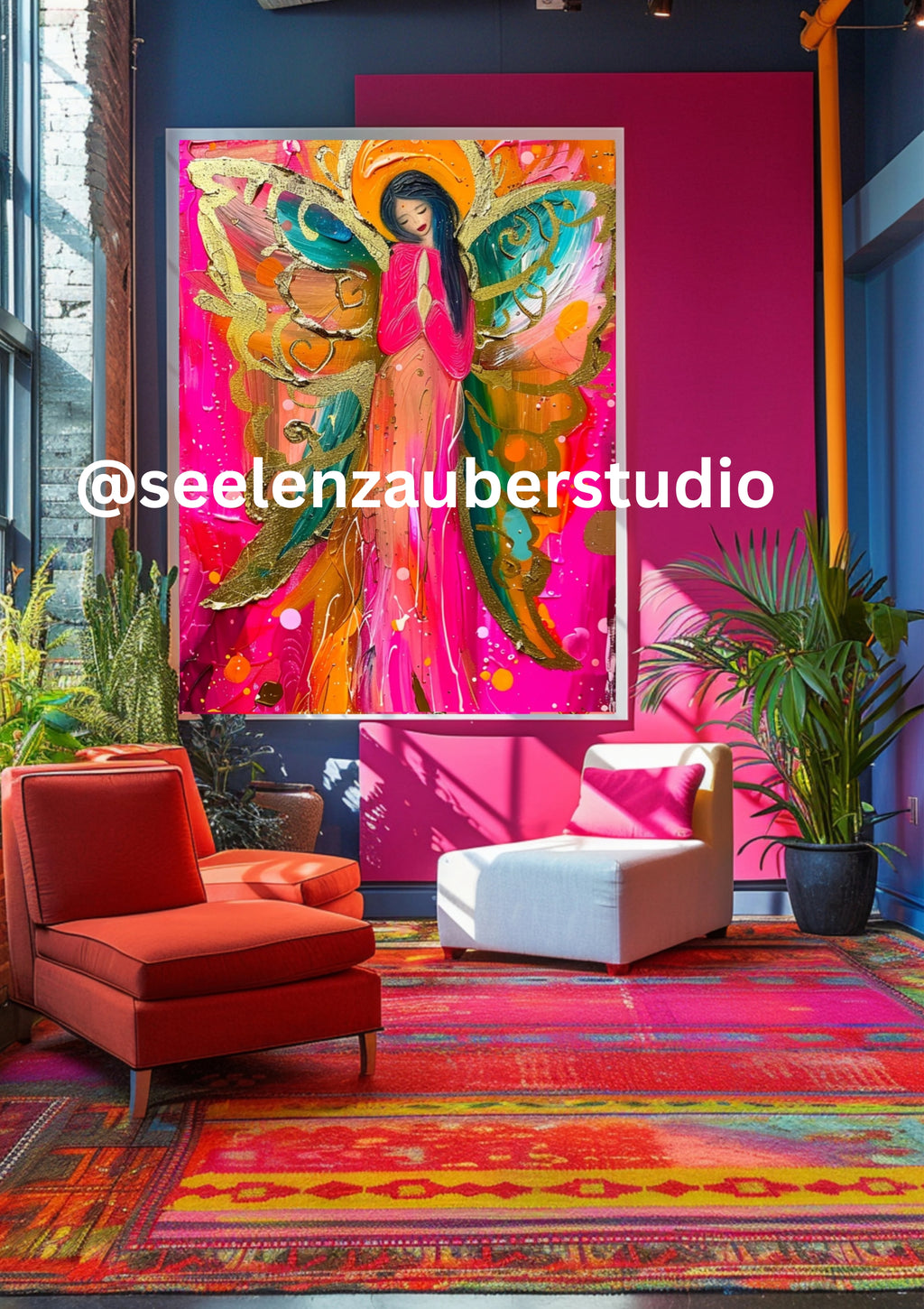 Angel Wings Poster – Abstrakte Engelkunst in Pink, Gold & Türkis | Moderner Kunstdruck mit Engelsflügeln | Spirituelles Wandbild