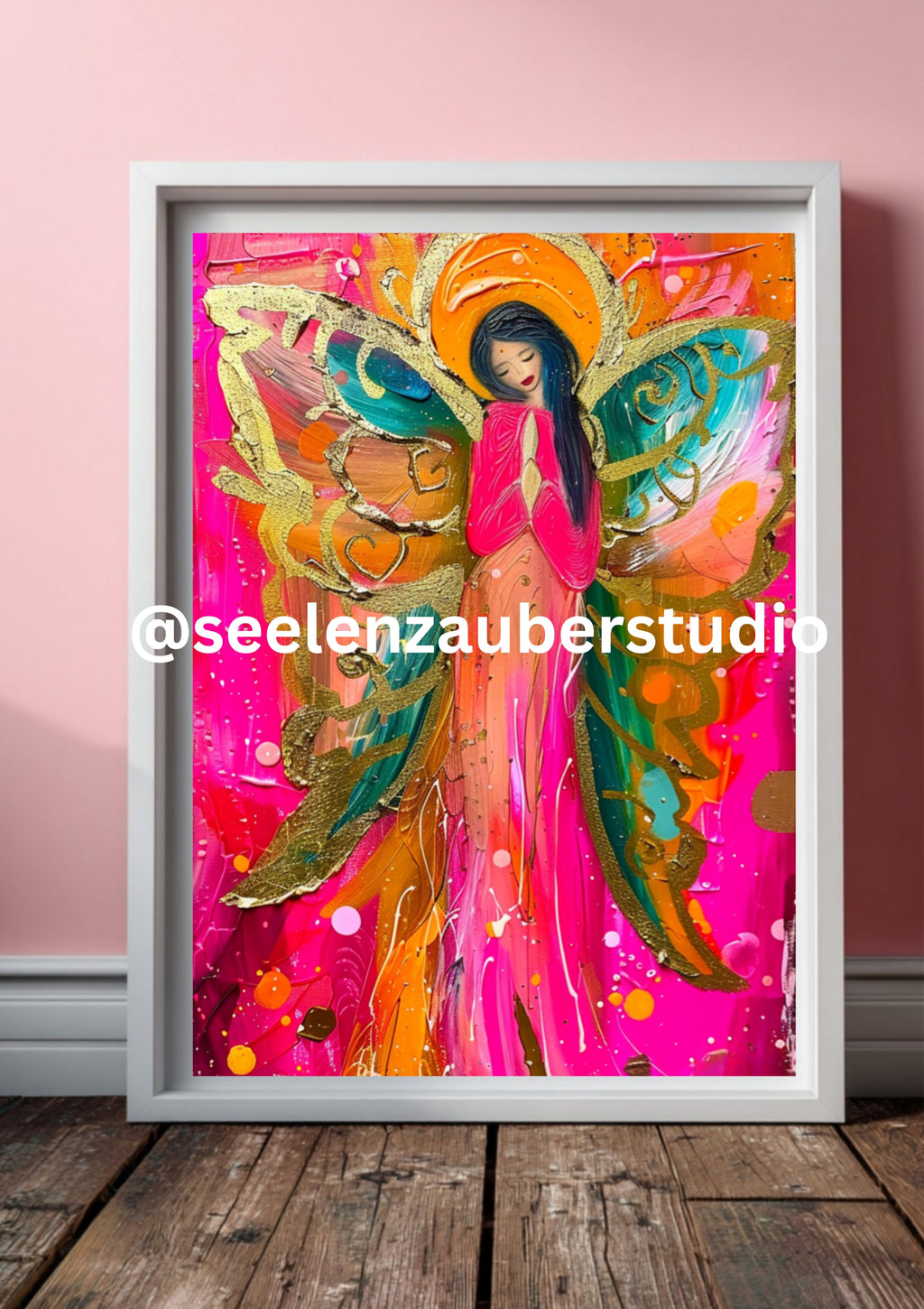 Angel Wings Poster – Abstrakte Engelkunst in Pink, Gold & Türkis | Moderner Kunstdruck mit Engelsflügeln | Spirituelles Wandbild