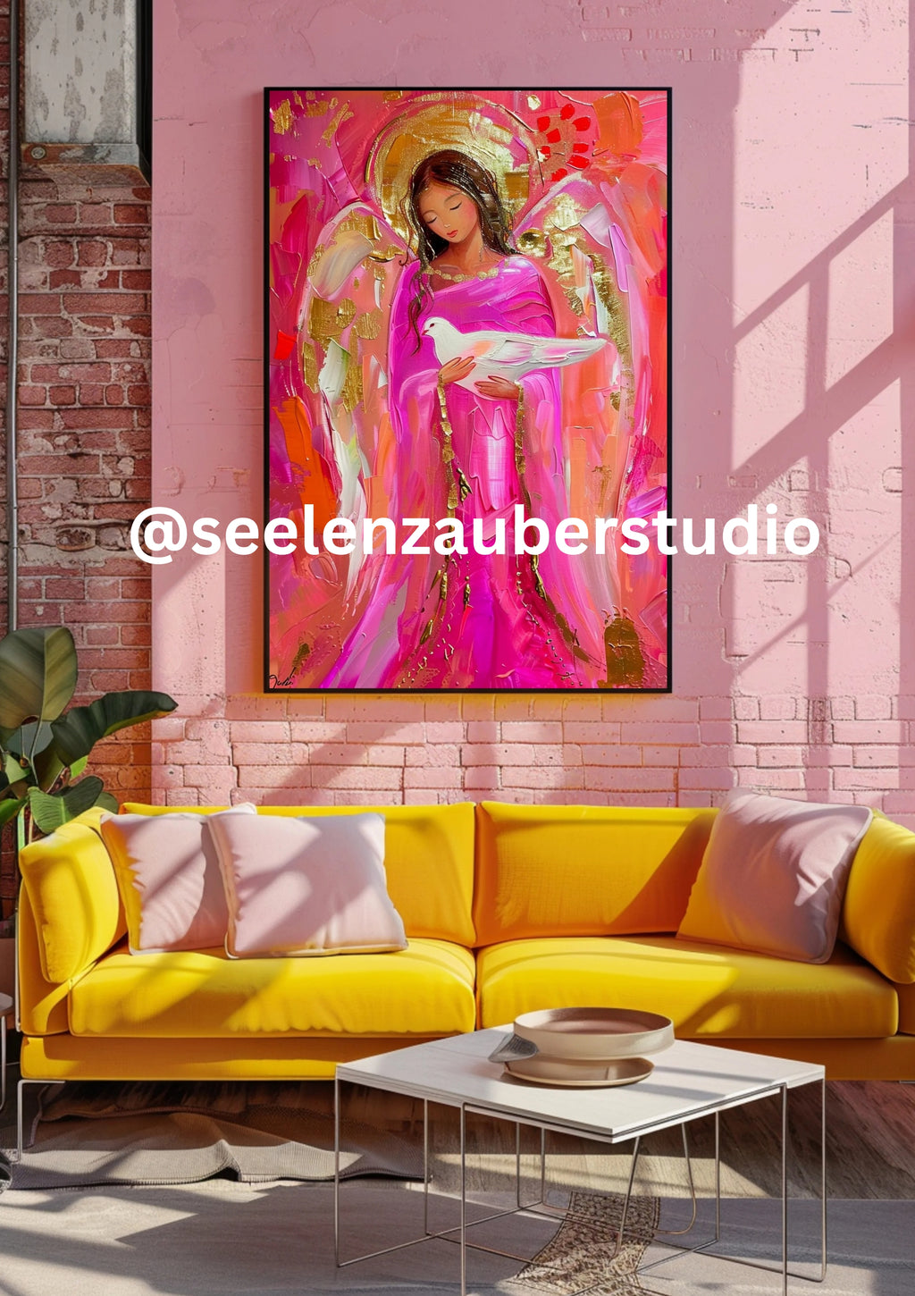 Schutzengel Poster mit Taube – Spirituelles Engelbild in Rosé & Gold – Modernes Engel Kunstposter