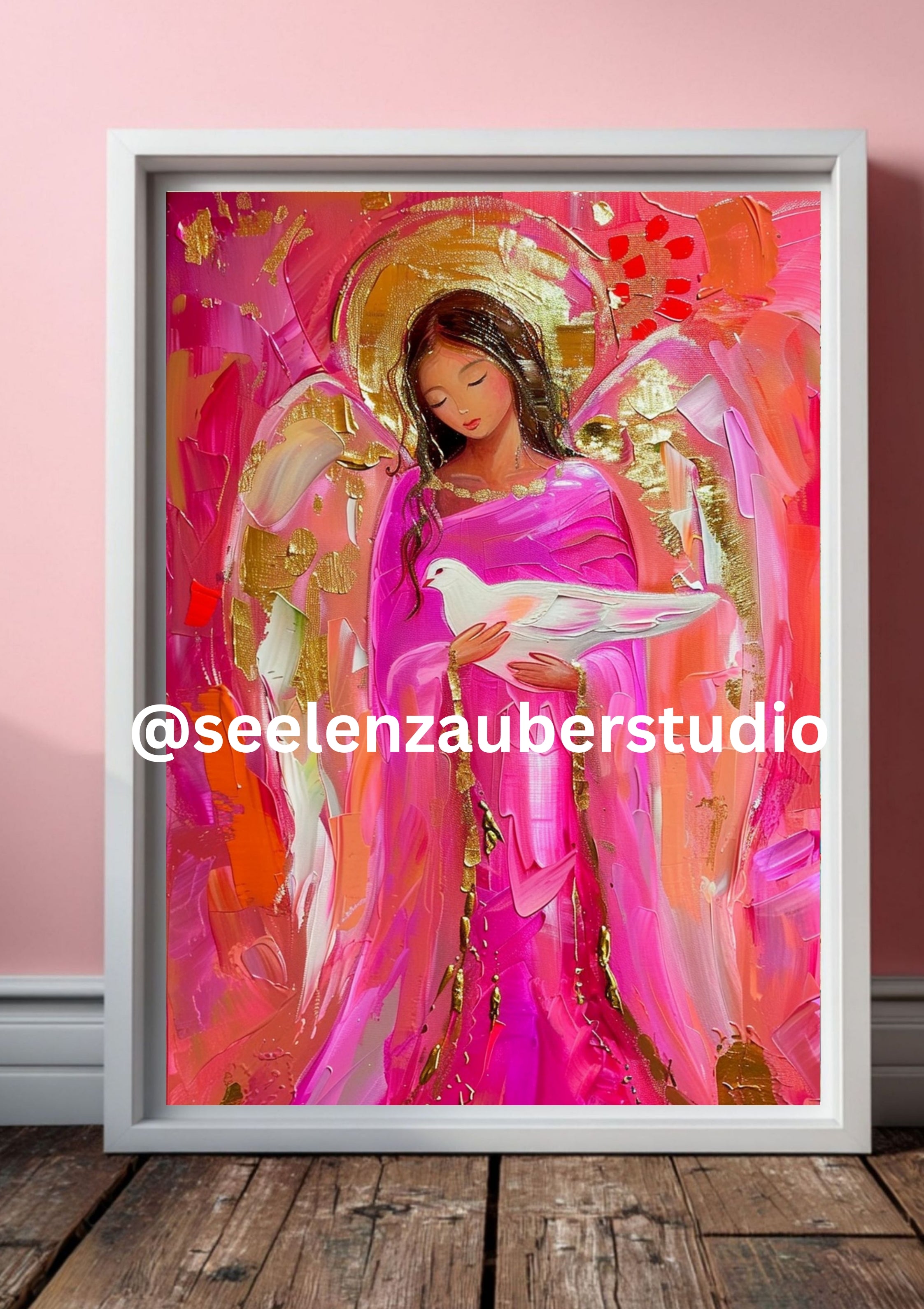 Schutzengel Poster mit Taube – Spirituelles Engelbild in Rosé & Gold – Modernes Engel Kunstposter