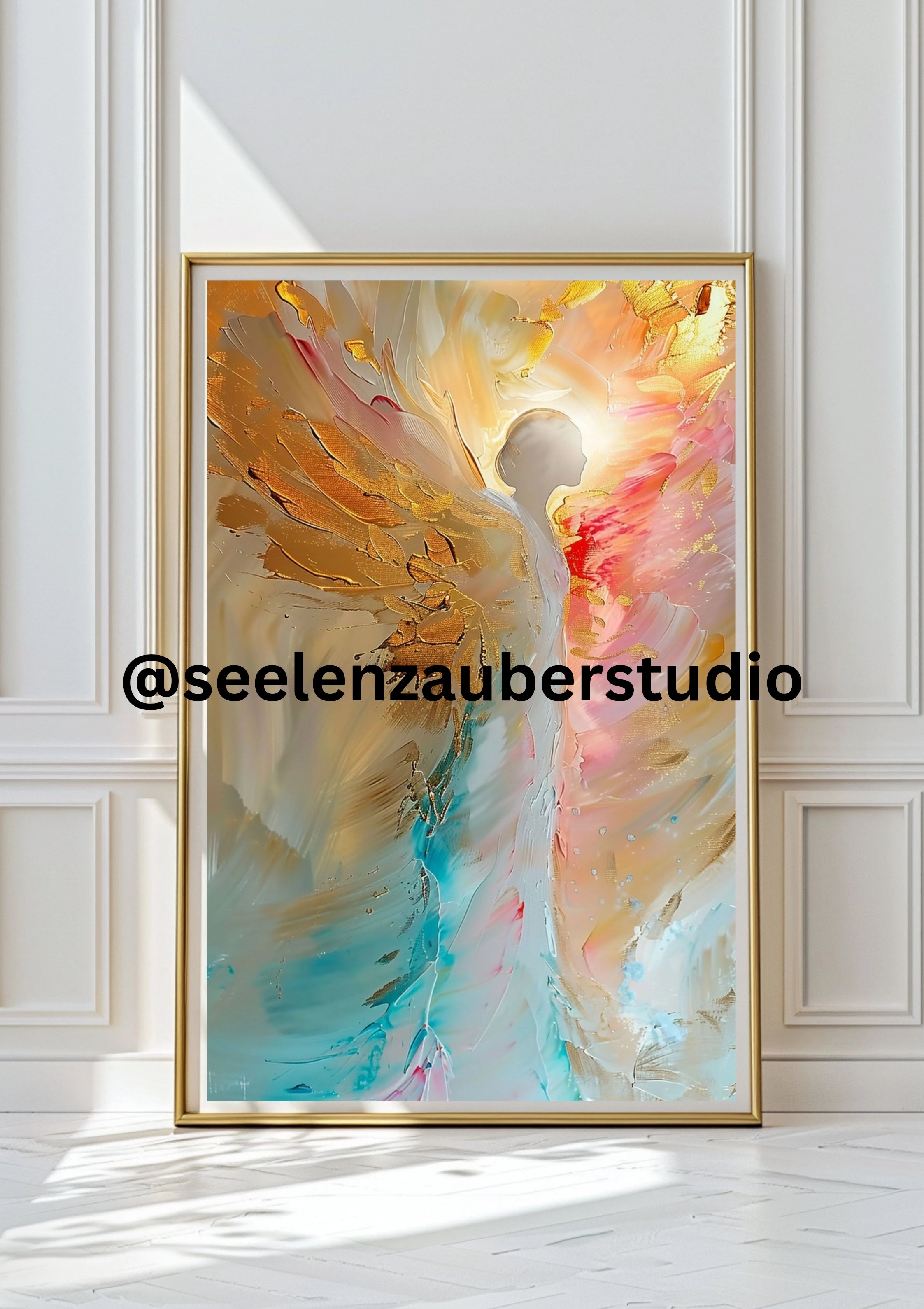 Engel Poster Aquarell – Moderne Engelkunst in Pastell & Gold – Spirituelle Wandkunst – Zeitgenössischer Kunstdruck – Engel Wandbild