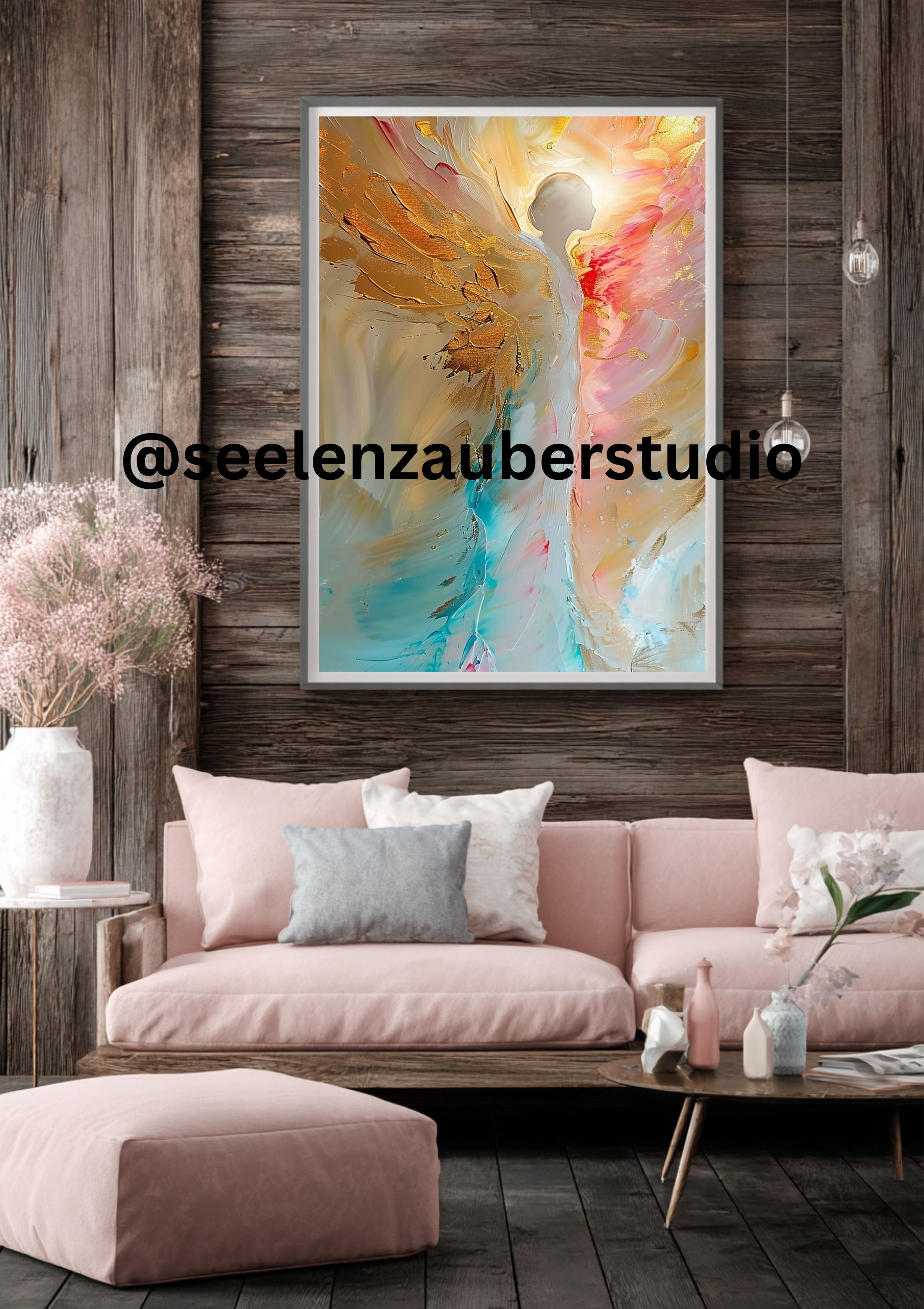 Engel Poster Aquarell – Moderne Engelkunst in Pastell & Gold – Spirituelle Wandkunst – Zeitgenössischer Kunstdruck – Engel Wandbild