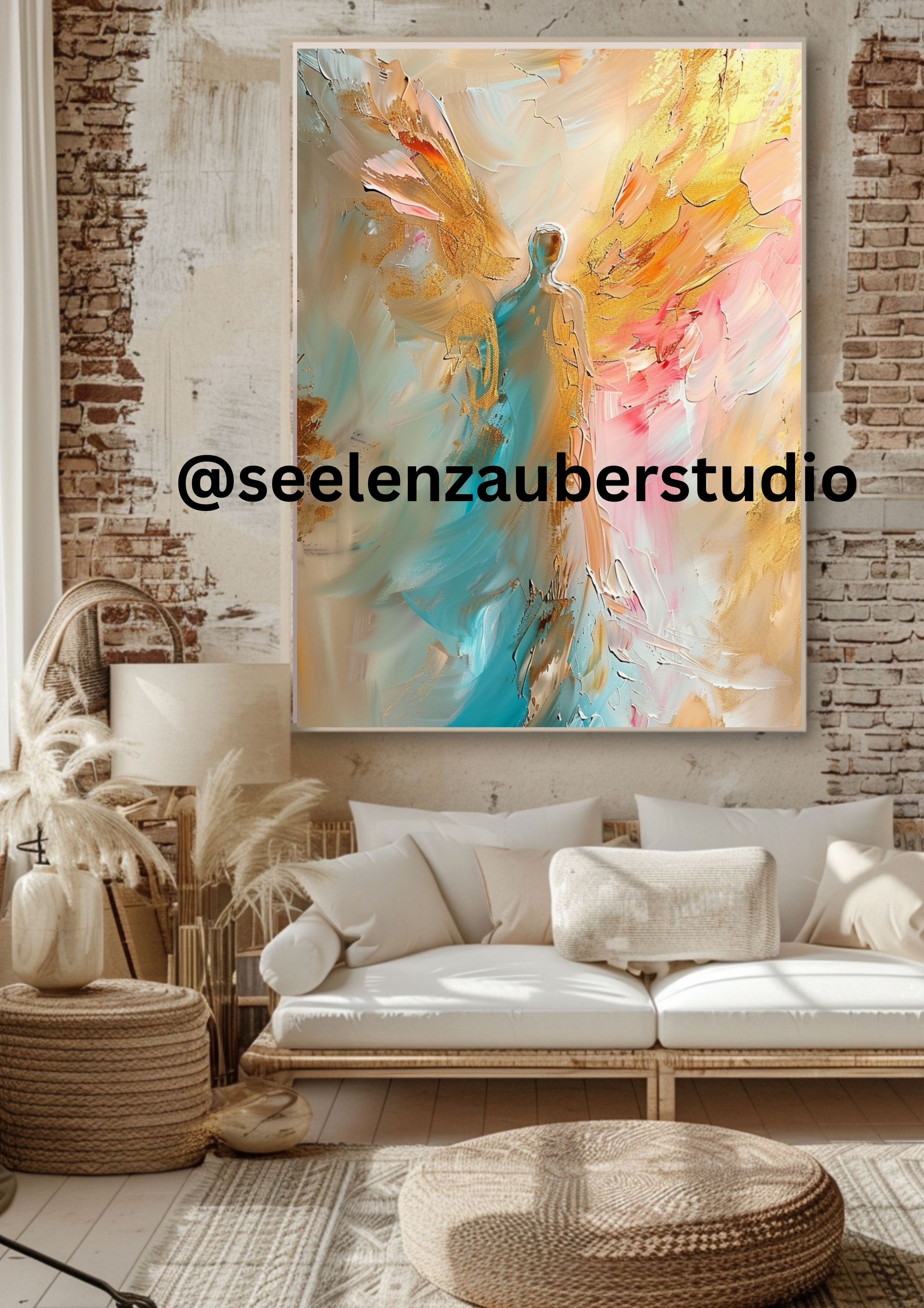 Engel Poster Aquarell – Moderne Engelkunst in Pastell & Gold – Spirituelle Wandkunst – Zeitgenössischer Kunstdruck – Engel Wandbild